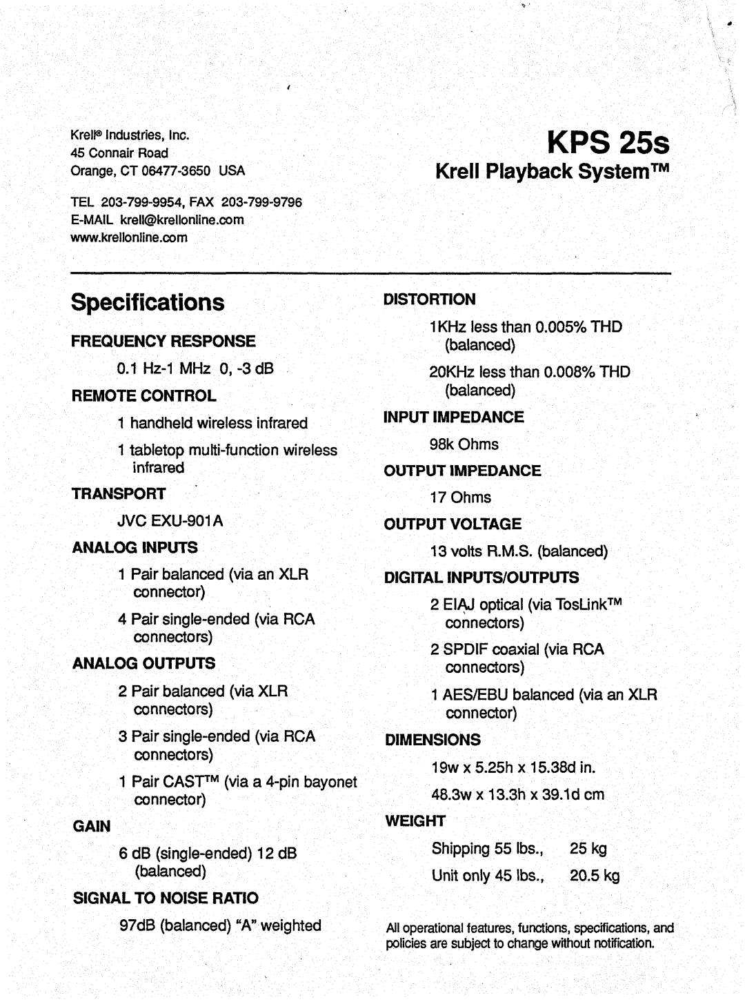 Krell Industries KPS 25s Frequencyresponse, Remote Control, Transport, Analoginputs, Analogoutputs, Gain, Input Impedance 