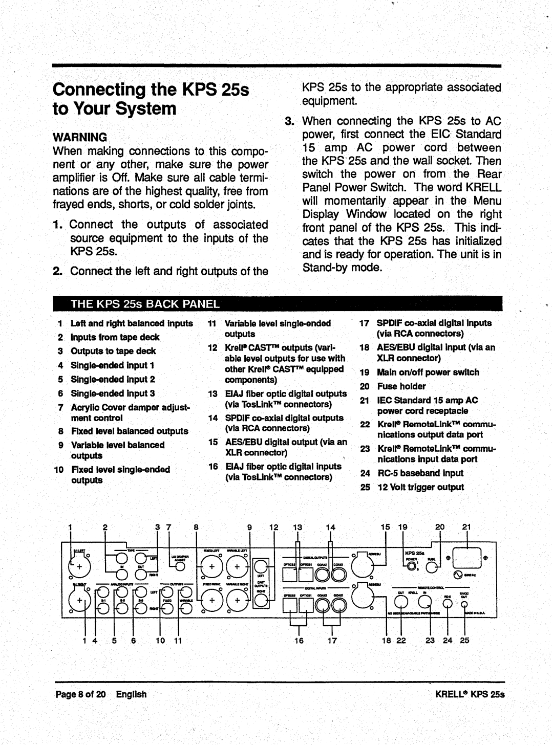 Krell Industries KPS 25s manual Connectingthe KPS25s to Your System, Outputs 