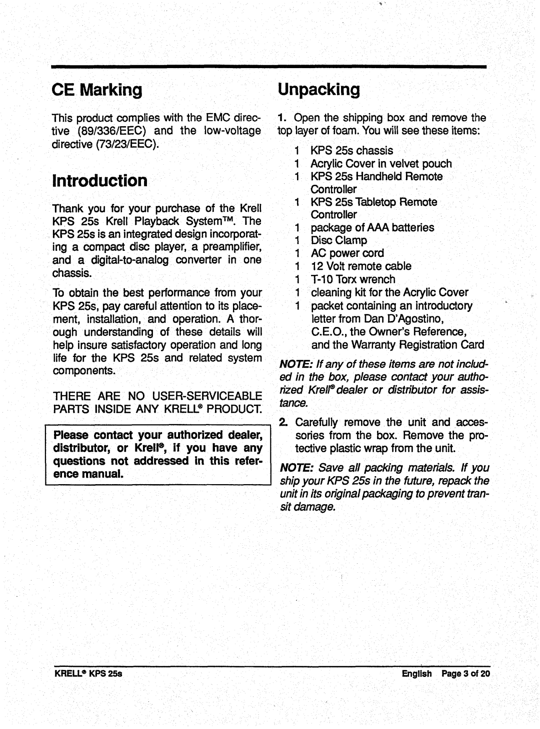 Krell Industries KPS 25s manual CE MarkingUnpacking, Introduction, NOTE If anyof theseitemsare not includ 