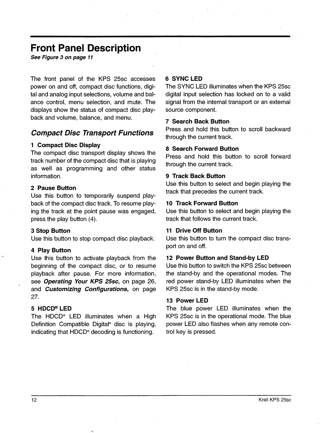 Krell Industries KPS 25sc manual Front PanelDescription, CompactDisc Transport Functions, SeeFigure3 on page11 