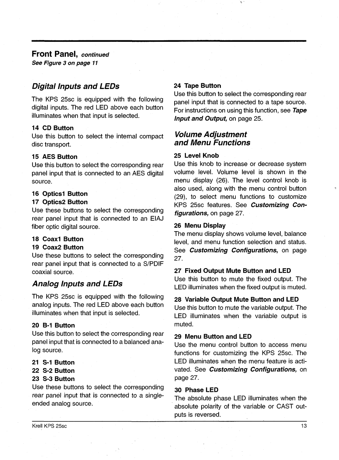 Krell Industries KPS 25sc manual Digital Inputs andLEDs, Analog Inputs and LEDs, VolumeAdjustment MenuFunctions 