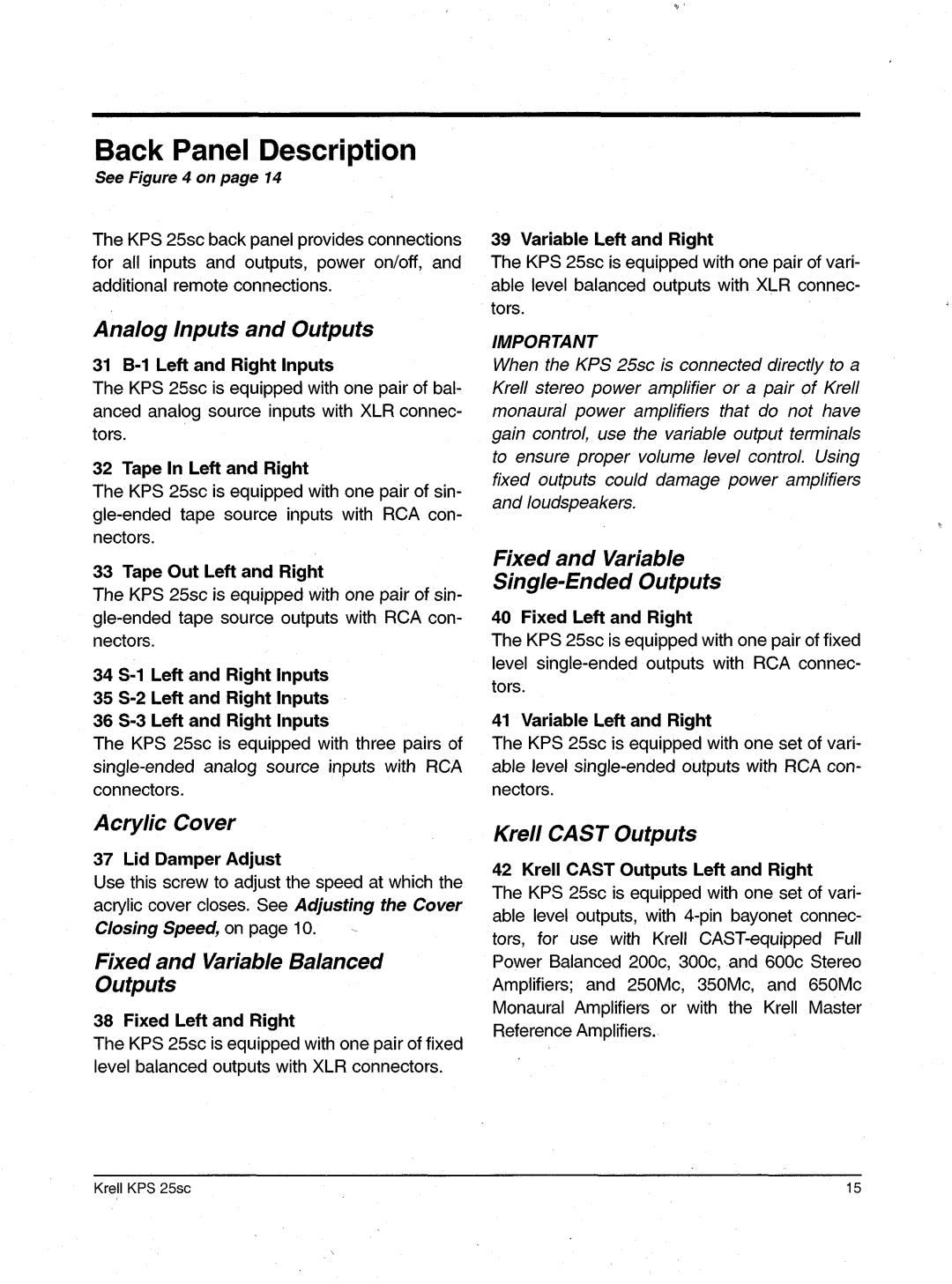 Krell Industries KPS 25sc manual BackPanel Description 