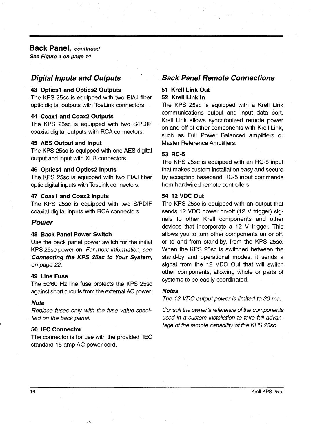 Krell Industries KPS 25sc manual Digital Inputs andOutputs, Power, Back Panel RemoteConnections 