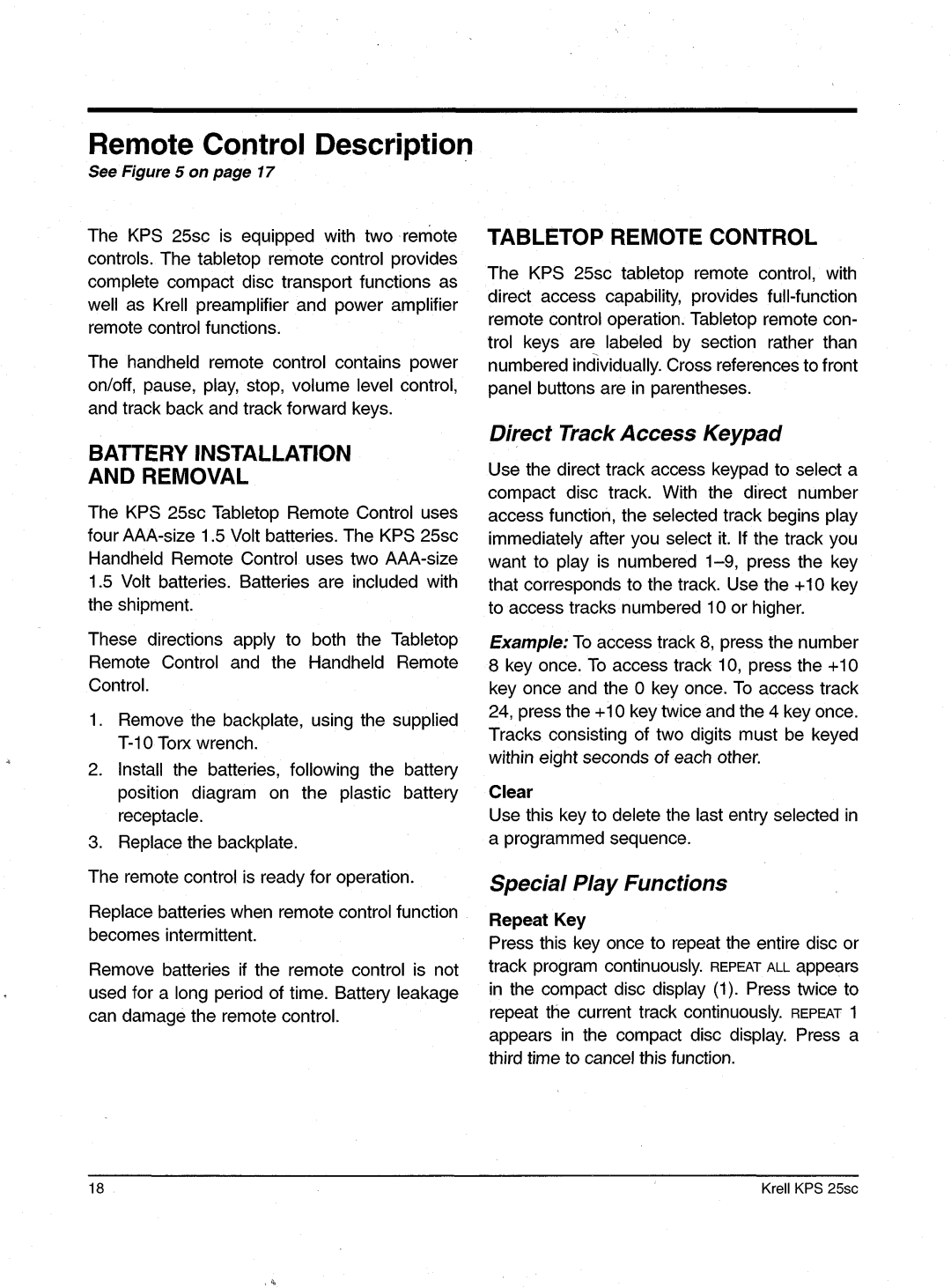 Krell Industries KPS 25sc manual RemoteControl Description, Tabletop Remote Control, Batteryinstallation Removal 