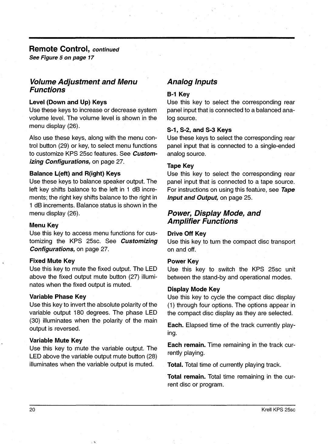 Krell Industries KPS 25sc VolumeAdjustment and Menu Functions, AnalogInputs, Power, Display Mode,and Amplifier Functions 