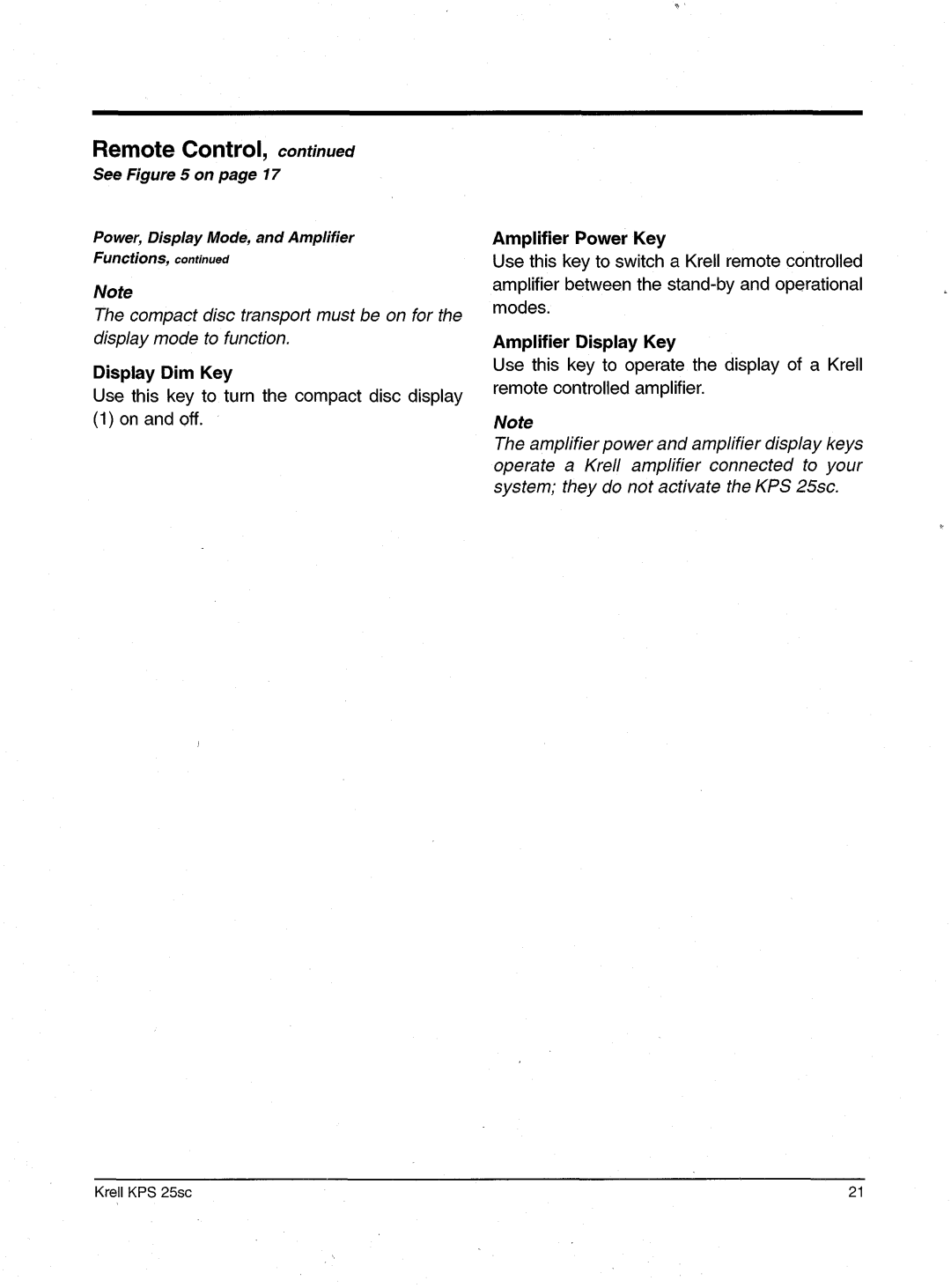 Krell Industries KPS 25sc manual Display Dim Key, Amplifier Power Key, Amplifier Display Key 
