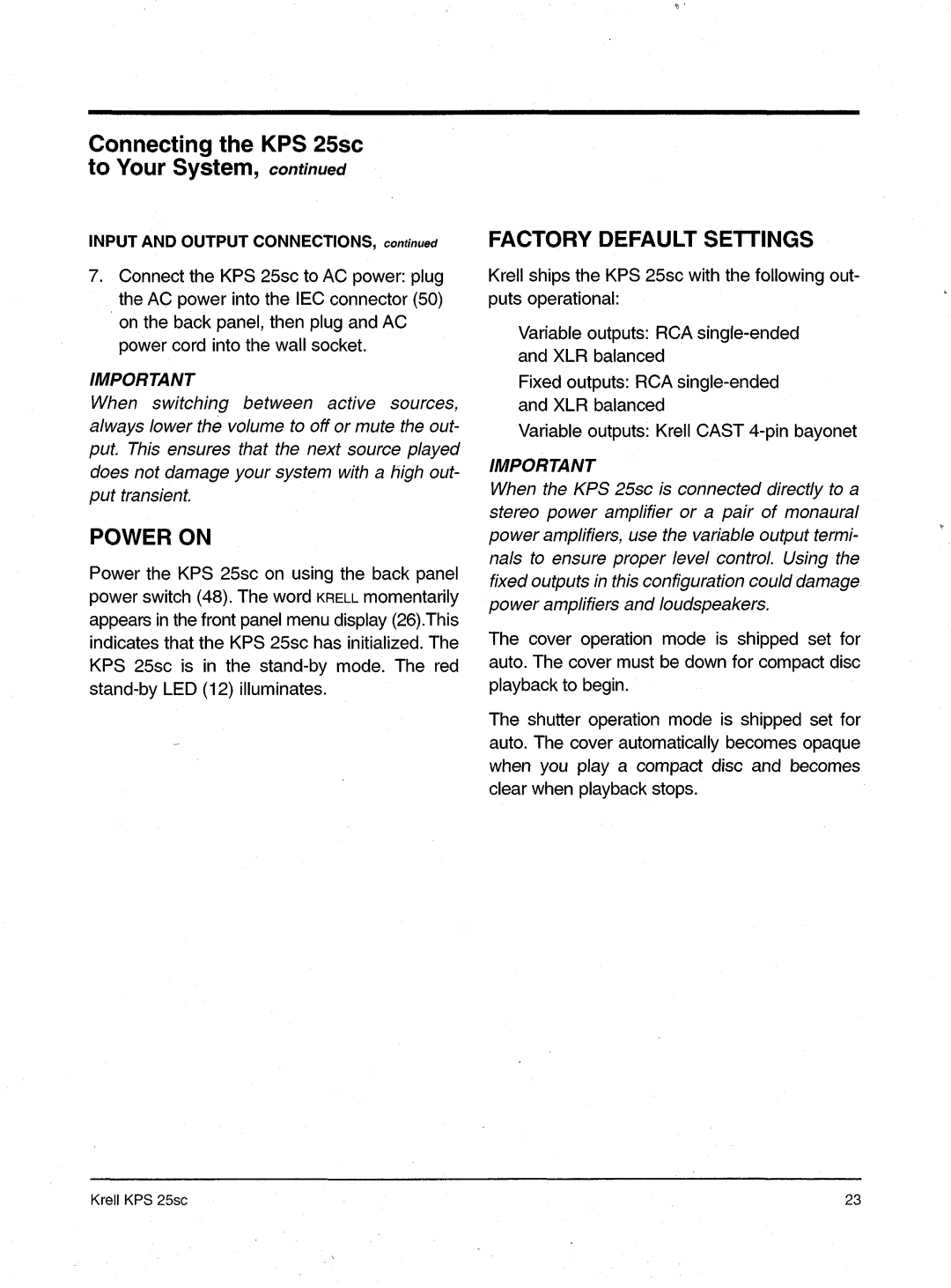 Krell Industries KPS 25sc manual Connecting the KPS25sc to YourSystem 