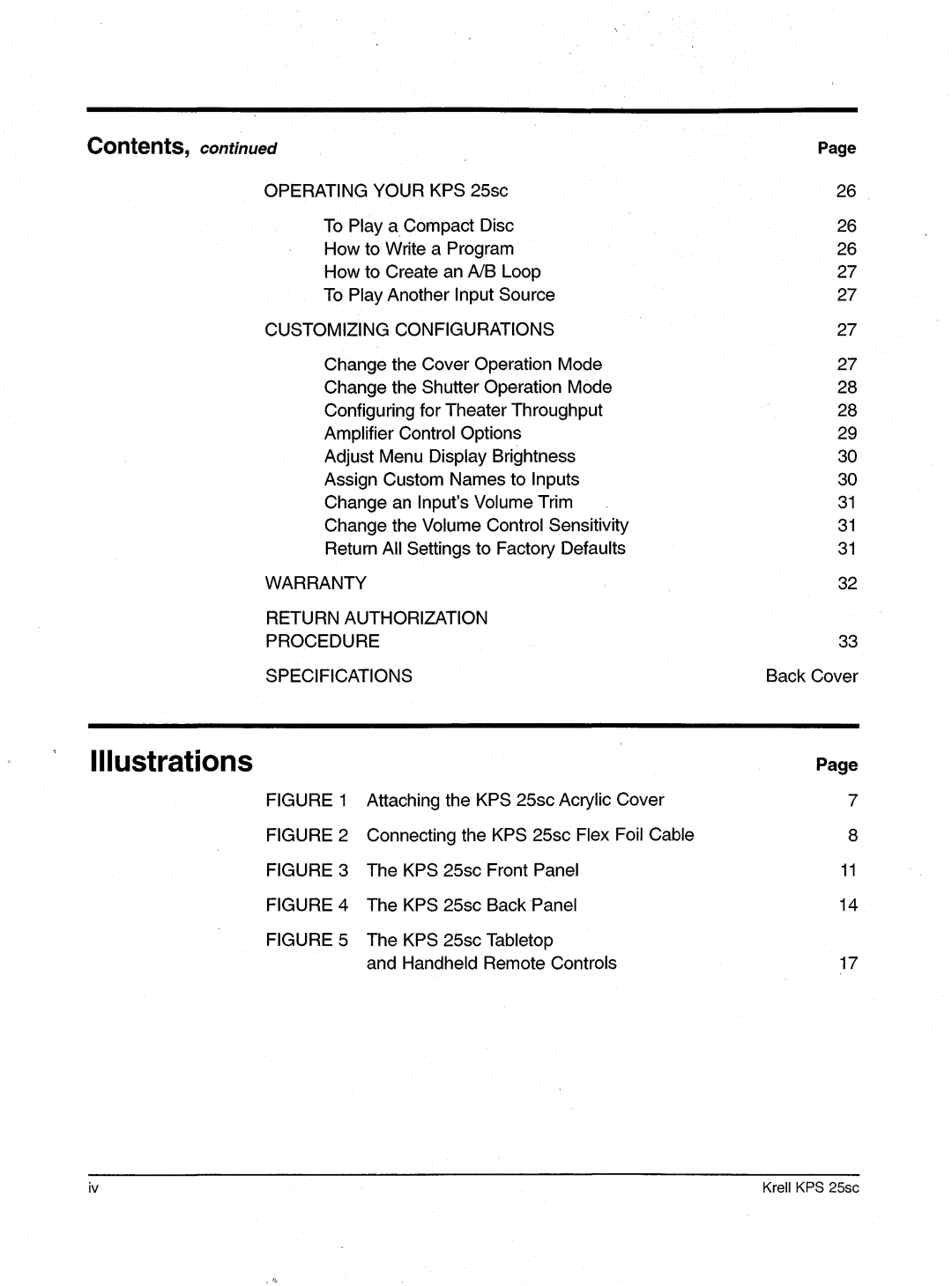 Krell Industries KPS 25sc manual Illustrations, Contents 