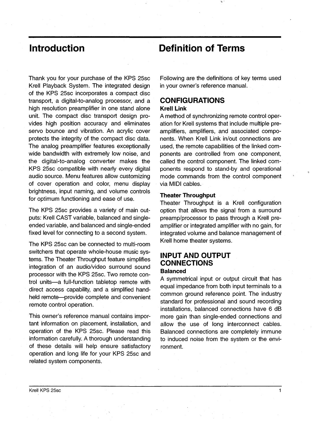 Krell Industries KPS 25sc manual Introduction Definition of Terms, Configurations, Input and Output Connections 