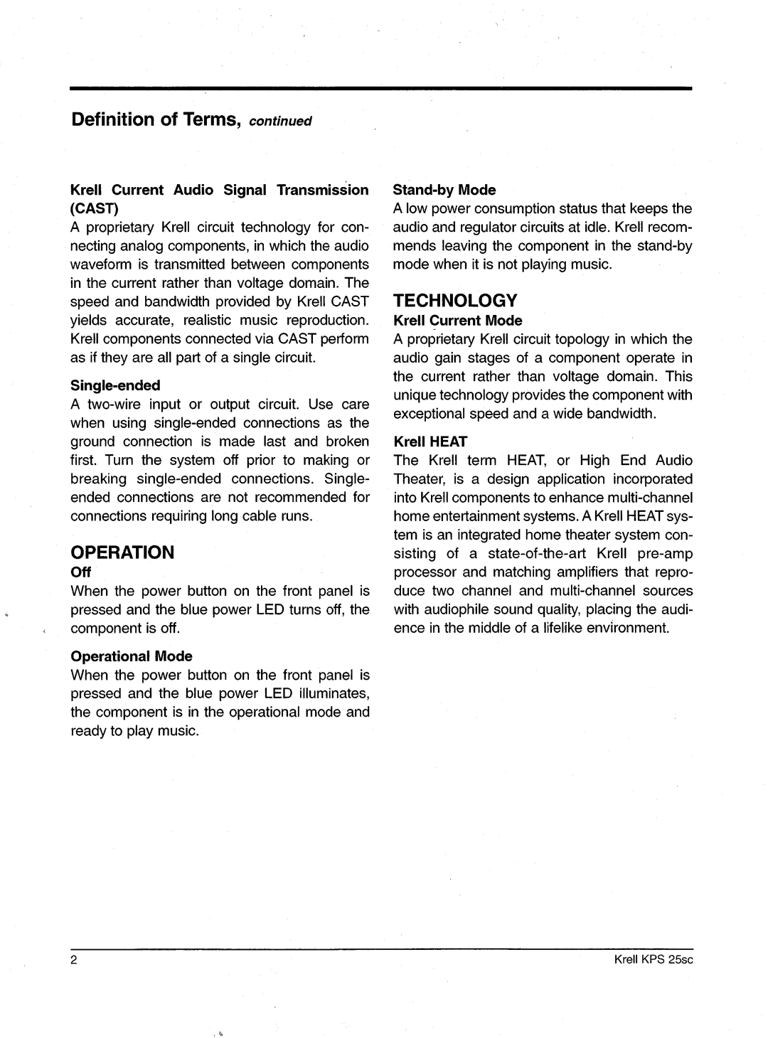 Krell Industries KPS 25sc manual Operation, Technology 