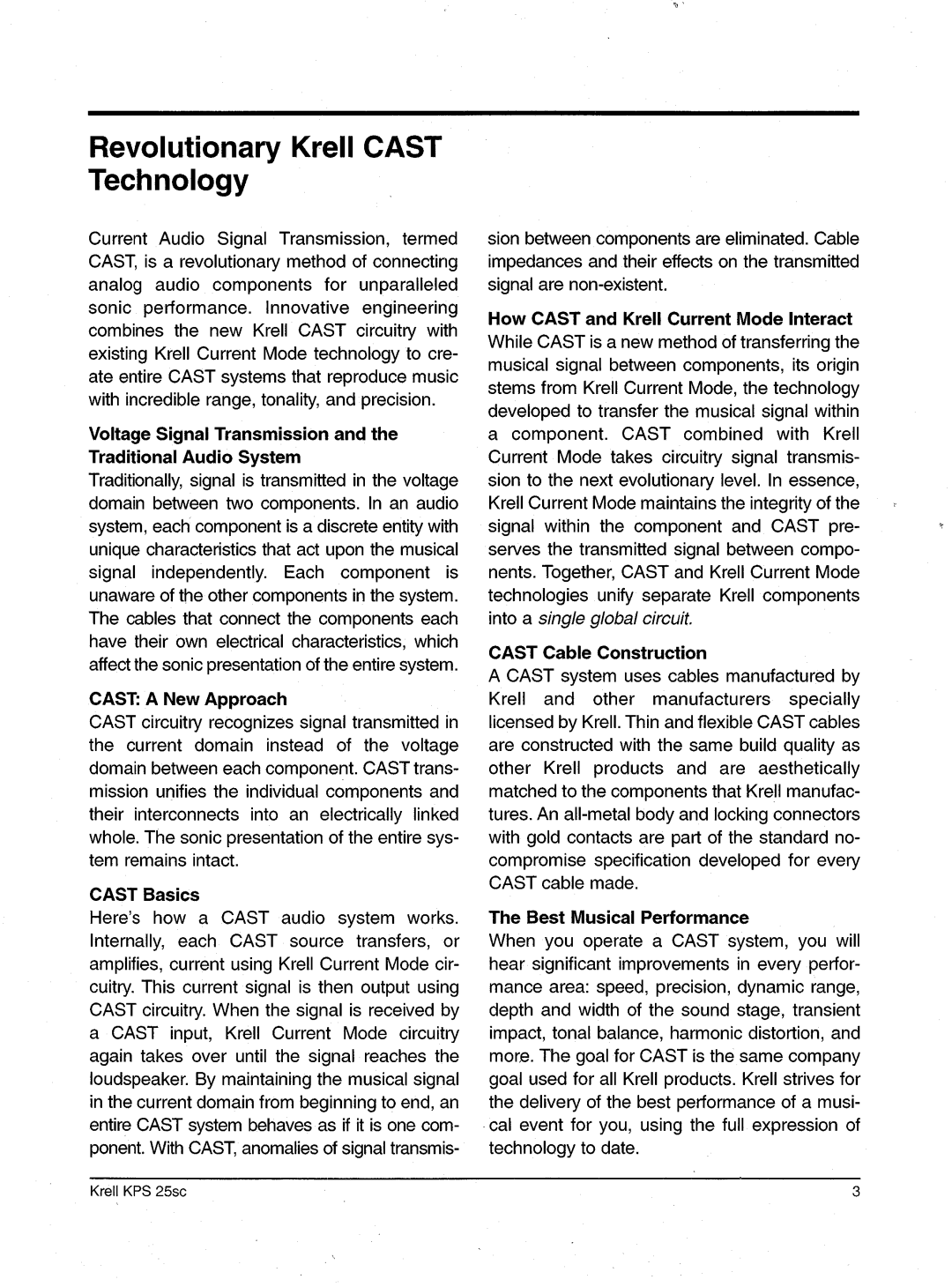 Krell Industries KPS 25sc manual Revolutionary Krell Cast Technology 