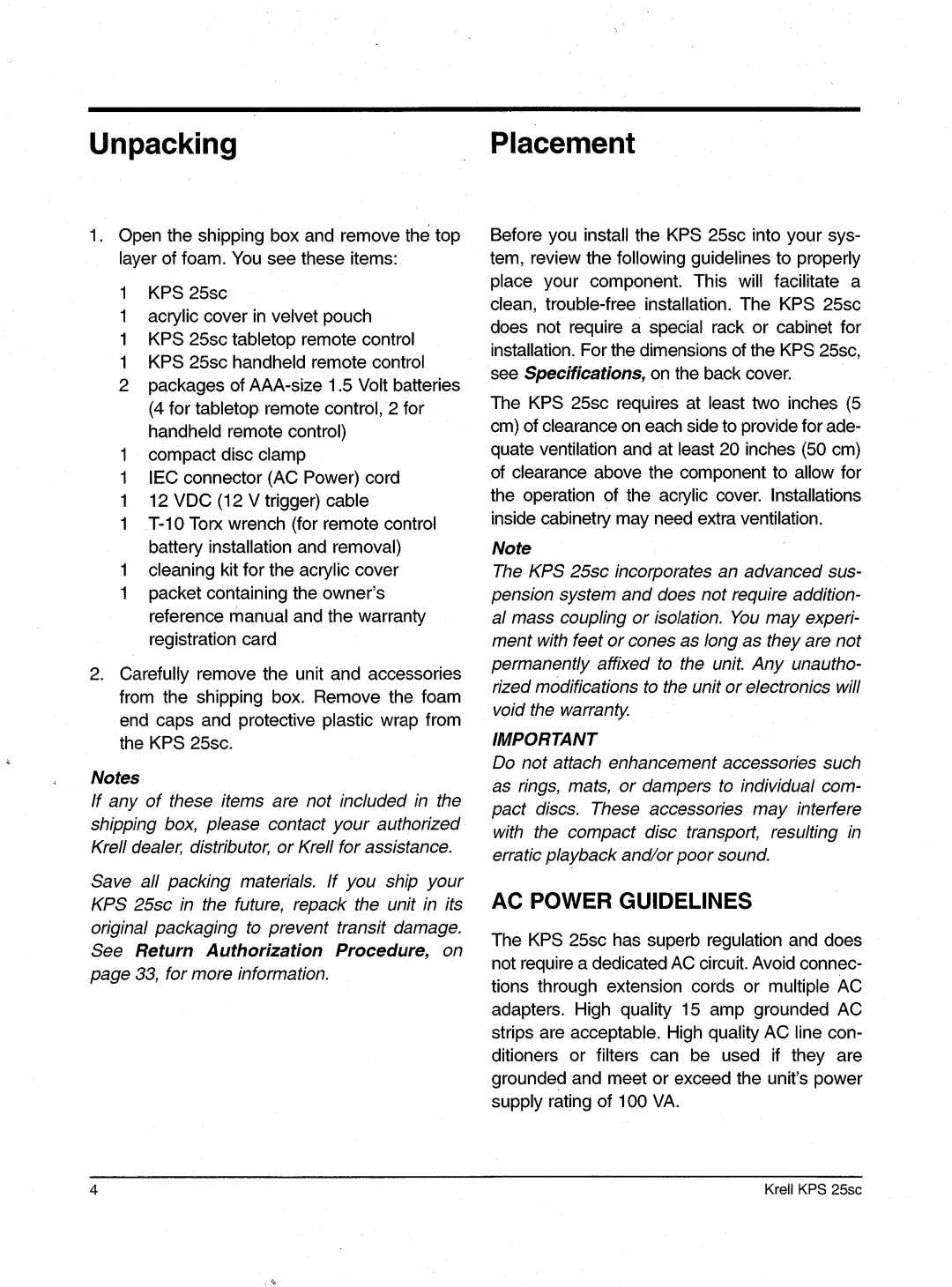 Krell Industries KPS 25sc manual UnpackingPlacement, AC Powerguidelines 