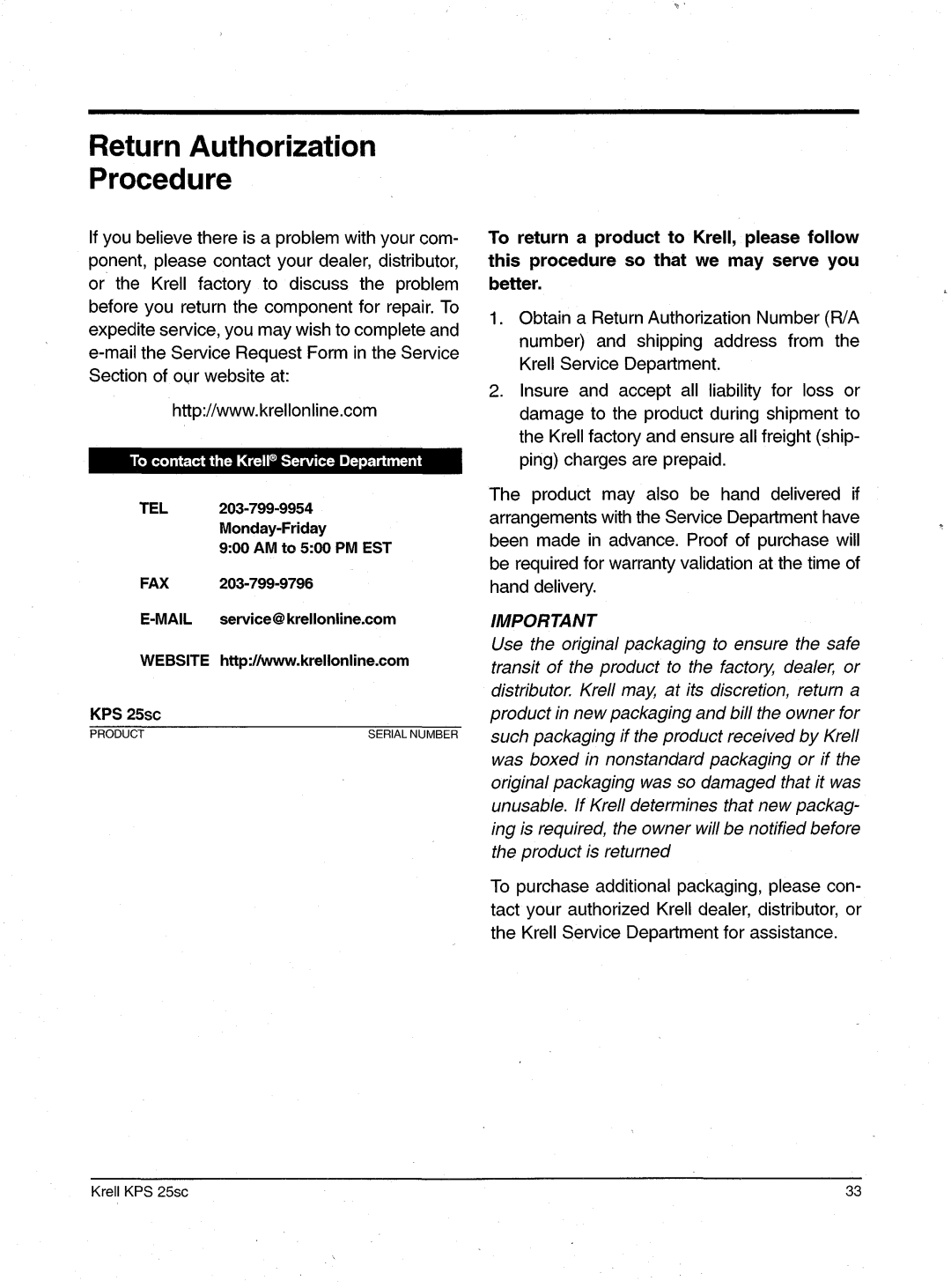 Krell Industries KPS 25sc manual ReturnAuthorization Procedure, Tocontactthe Krell ServiceDe~artment TEL 