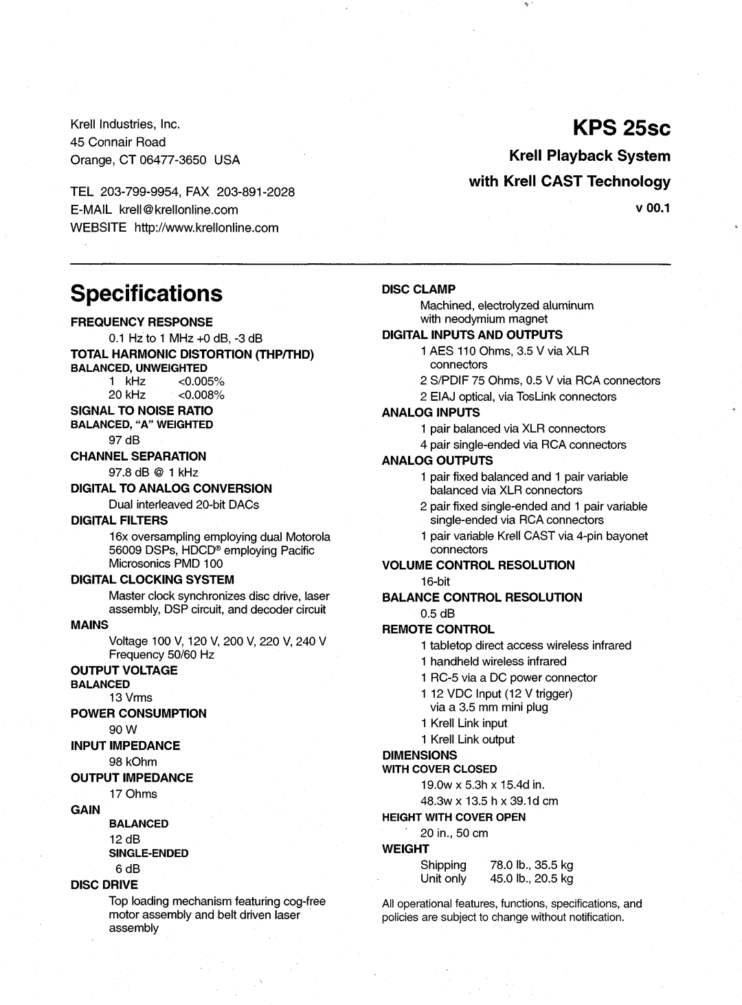Krell Industries KPS 25sc manual Specifications, Krell PlaybackSystem with Krell CASTTechnology, KPS25sc, Frequencyresponse 
