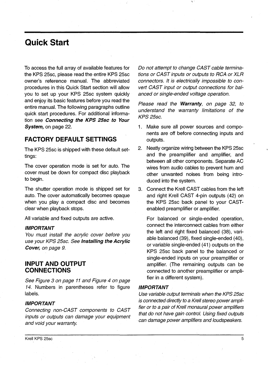 Krell Industries KPS 25sc manual QuickStart, Factorydefaultsettings, Input And Output Connections 