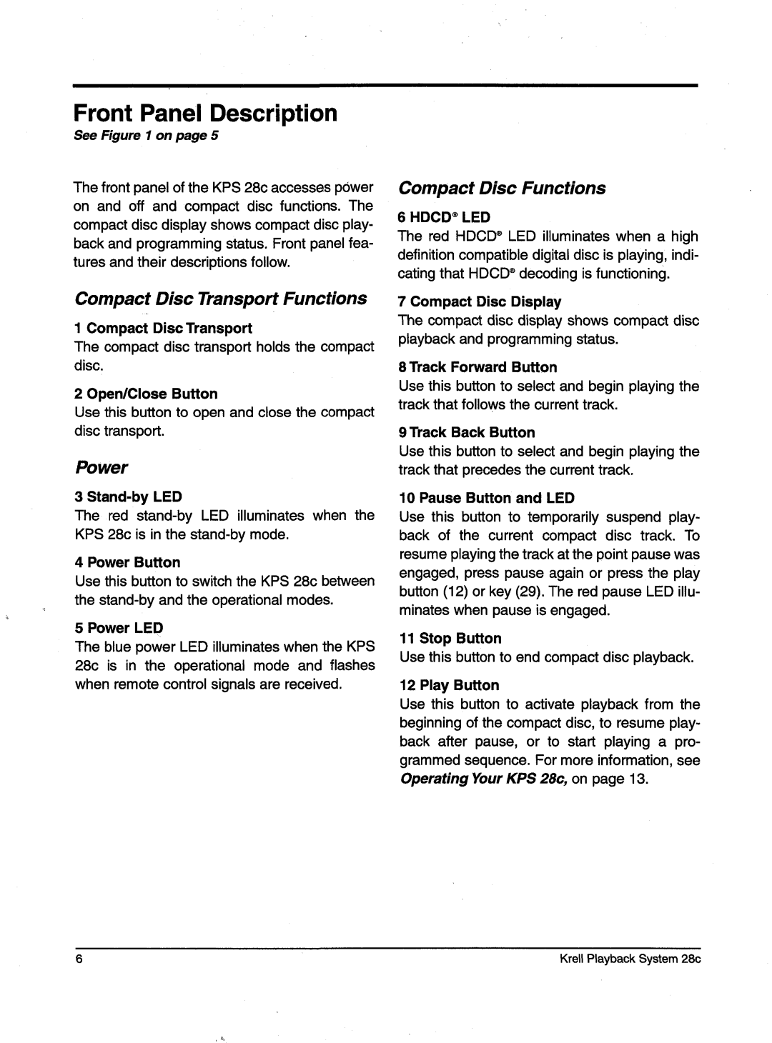 Krell Industries KPS 28c manual Front PanelDescription, CompactDisc Transport Functions, CompactDisc Functions, Power 