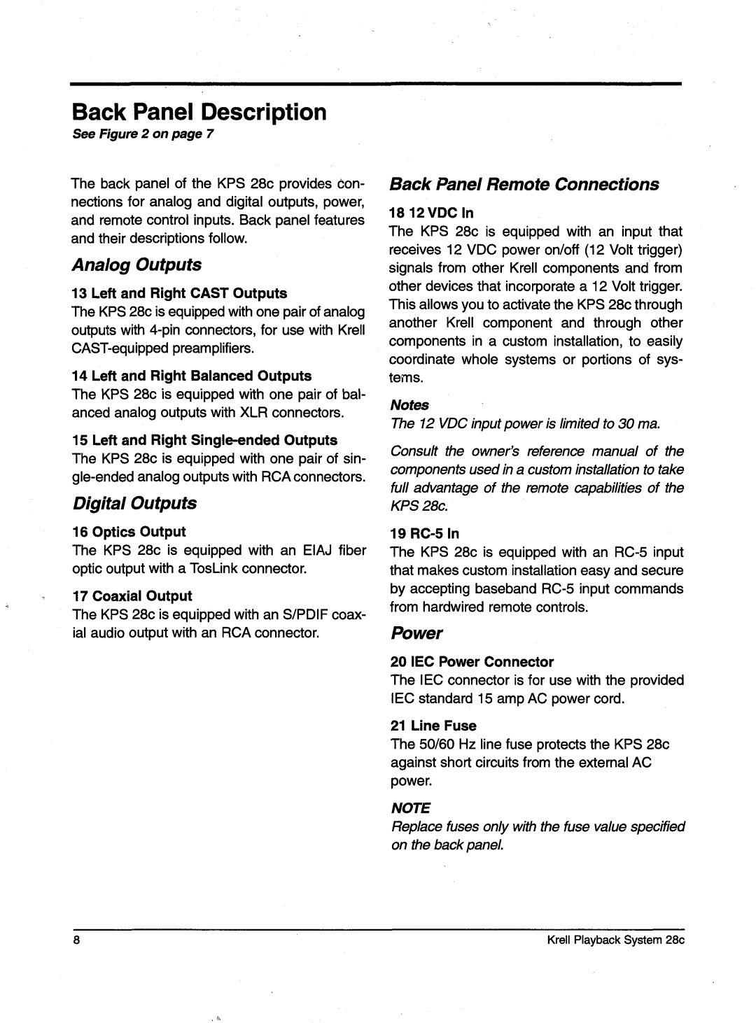 Krell Industries KPS 28c manual BackPanel Description, Analog Outputs, Digital Outputs, Back Panel RemoteConnections, Power 