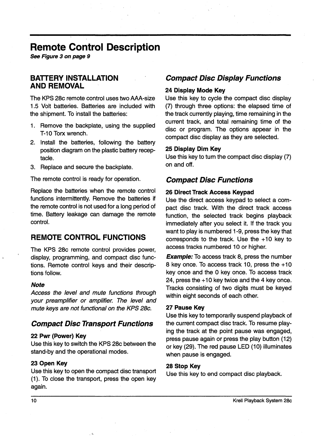 Krell Industries KPS 28c manual RemoteControl Description, Removal, Remotecontrolfunctions, SeeFigure3 onpage9 