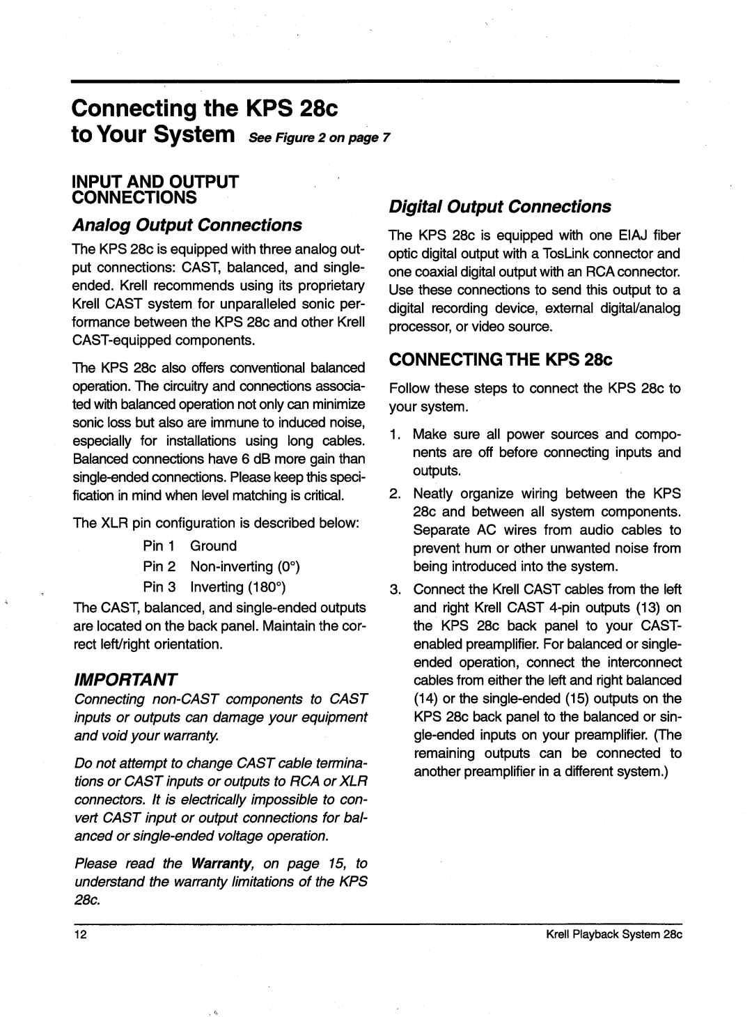 Krell Industries KPS 28c manual Connecting the KPS28c, Input and Output Connections 