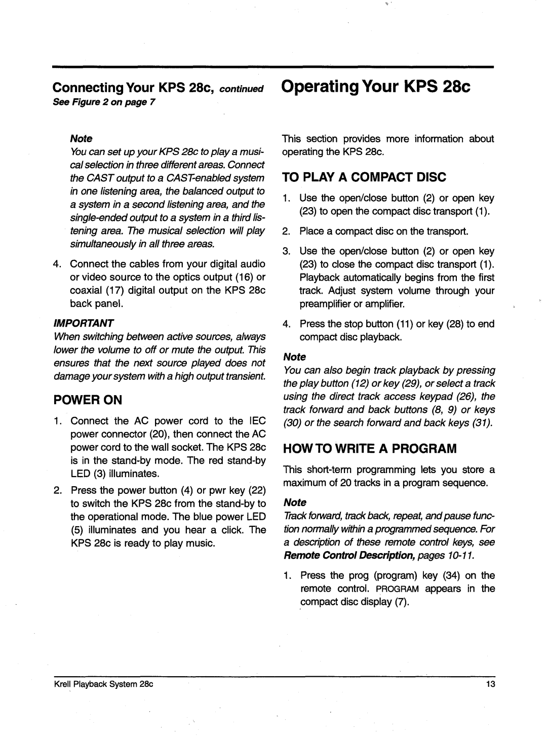 Krell Industries KPS 28c manual Operating Your KPS28c, Poweron, Howto Write a Program, RemoteControlDescription, pages10-11 