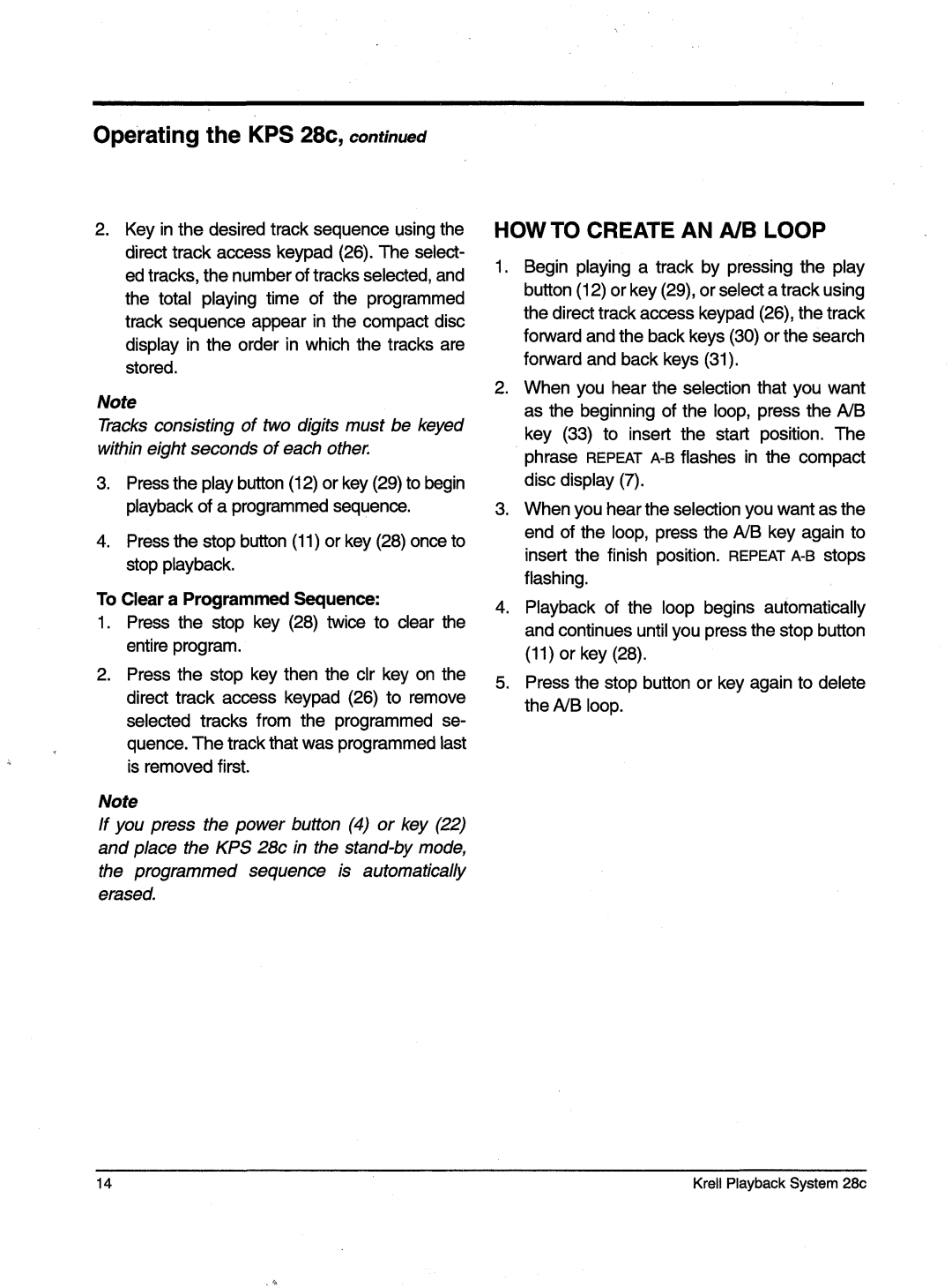 Krell Industries KPS 28c manual Howto Createan A/B Loop, To Clear a ProgrammedSequence 