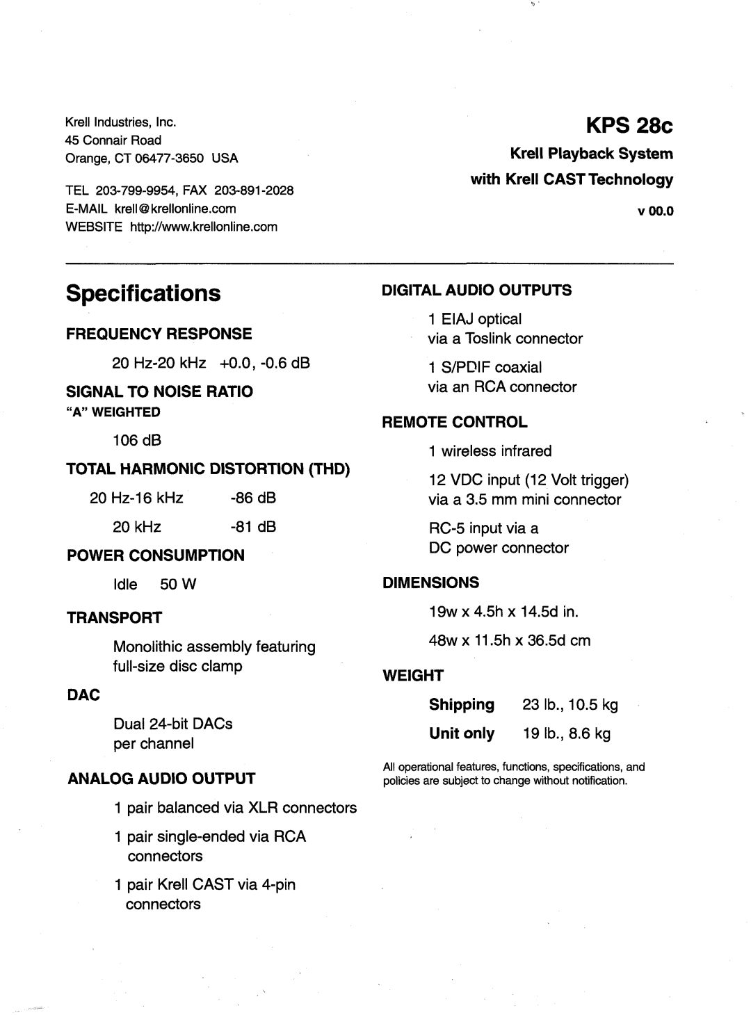 Krell Industries KPS 28c manual Specifications, Analogaudio Output 