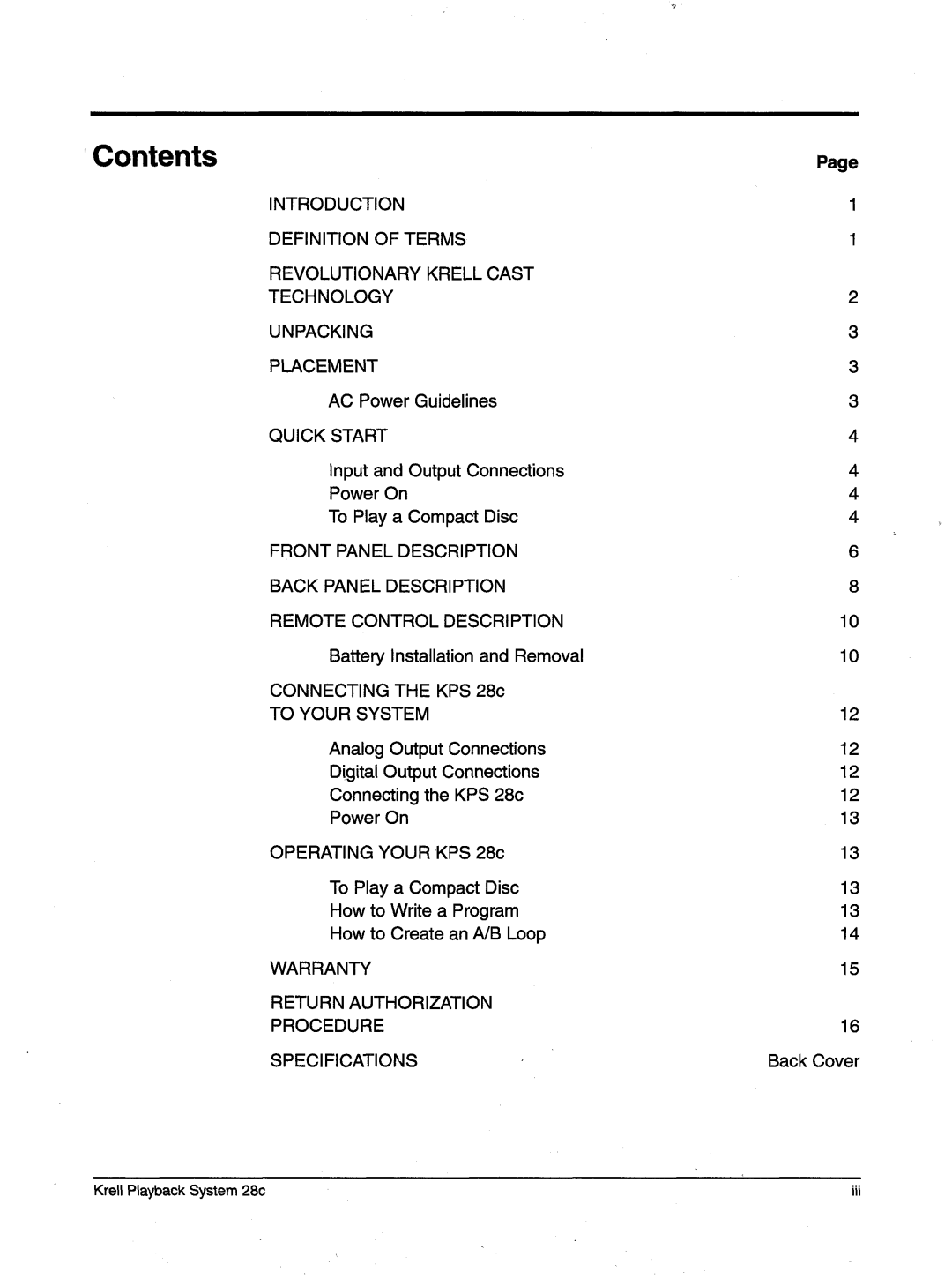 Krell Industries KPS 28c manual Contents 