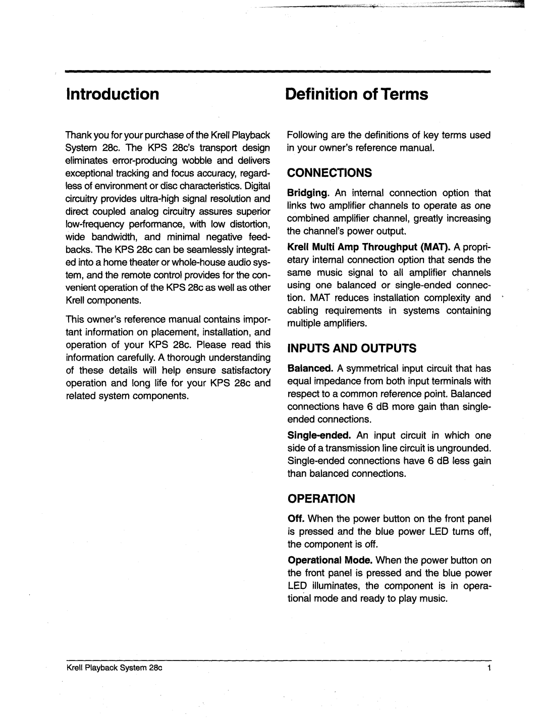 Krell Industries KPS 28c manual Introduction Definition of Terms, Connections, Inputs Andoutputs, Operation 