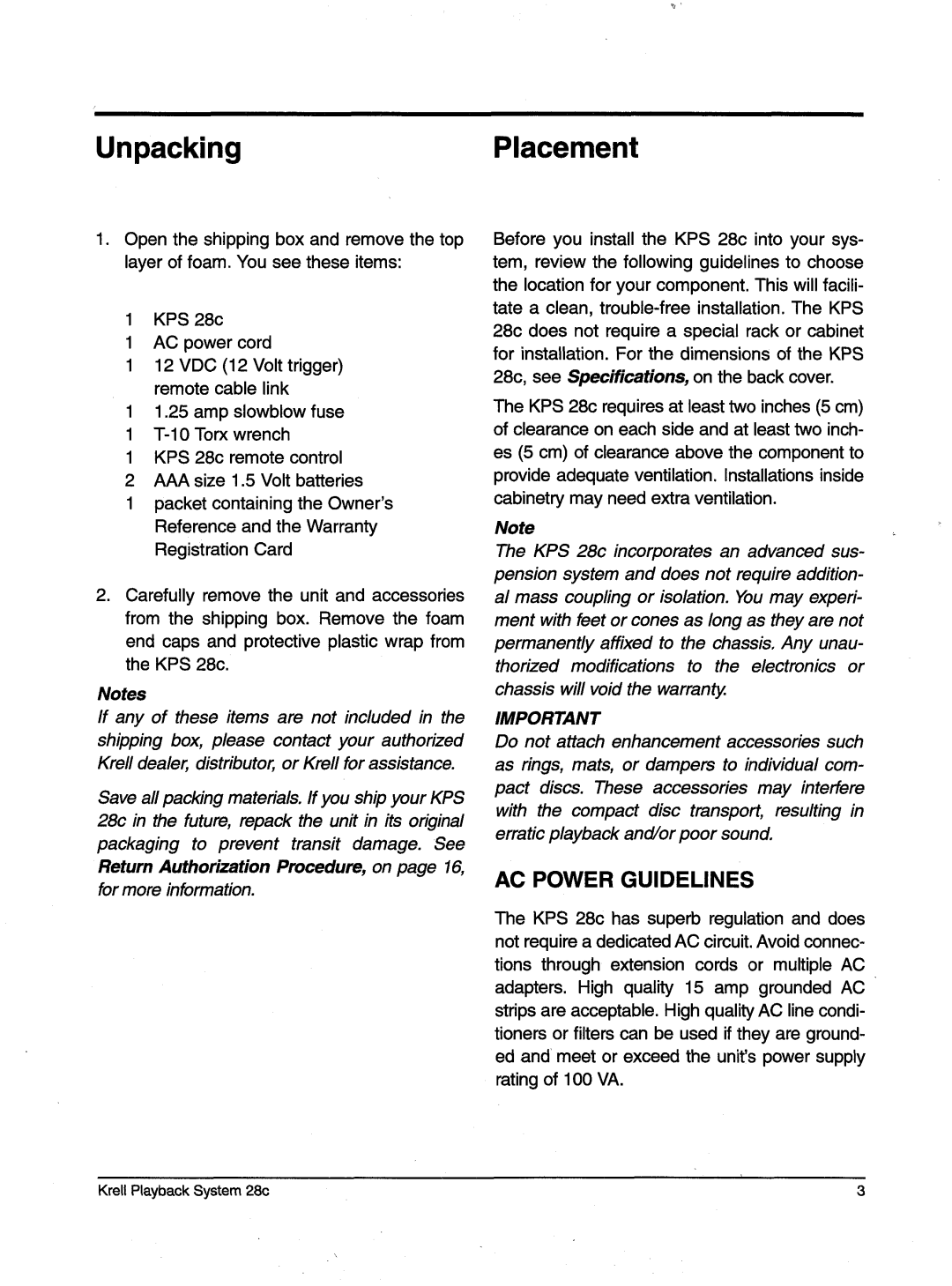 Krell Industries KPS 28c manual UnpackingPlacement, AC Powerguidelines 