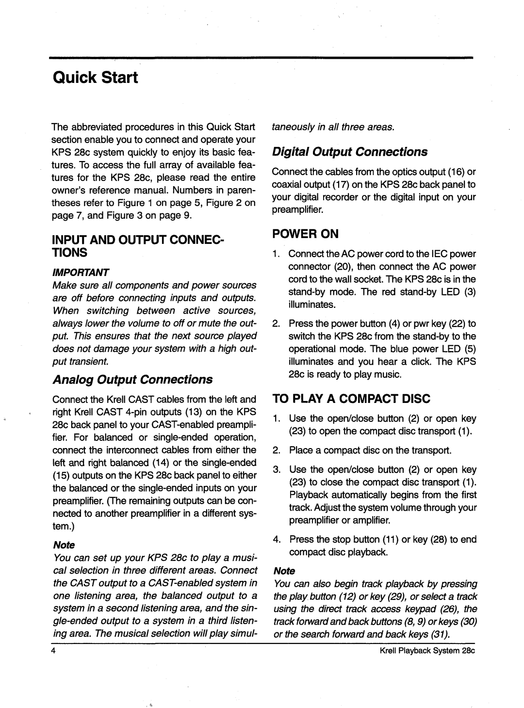 Krell Industries KPS 28c manual QuickStart, Digital OutputConnections, Analog Output Connections 