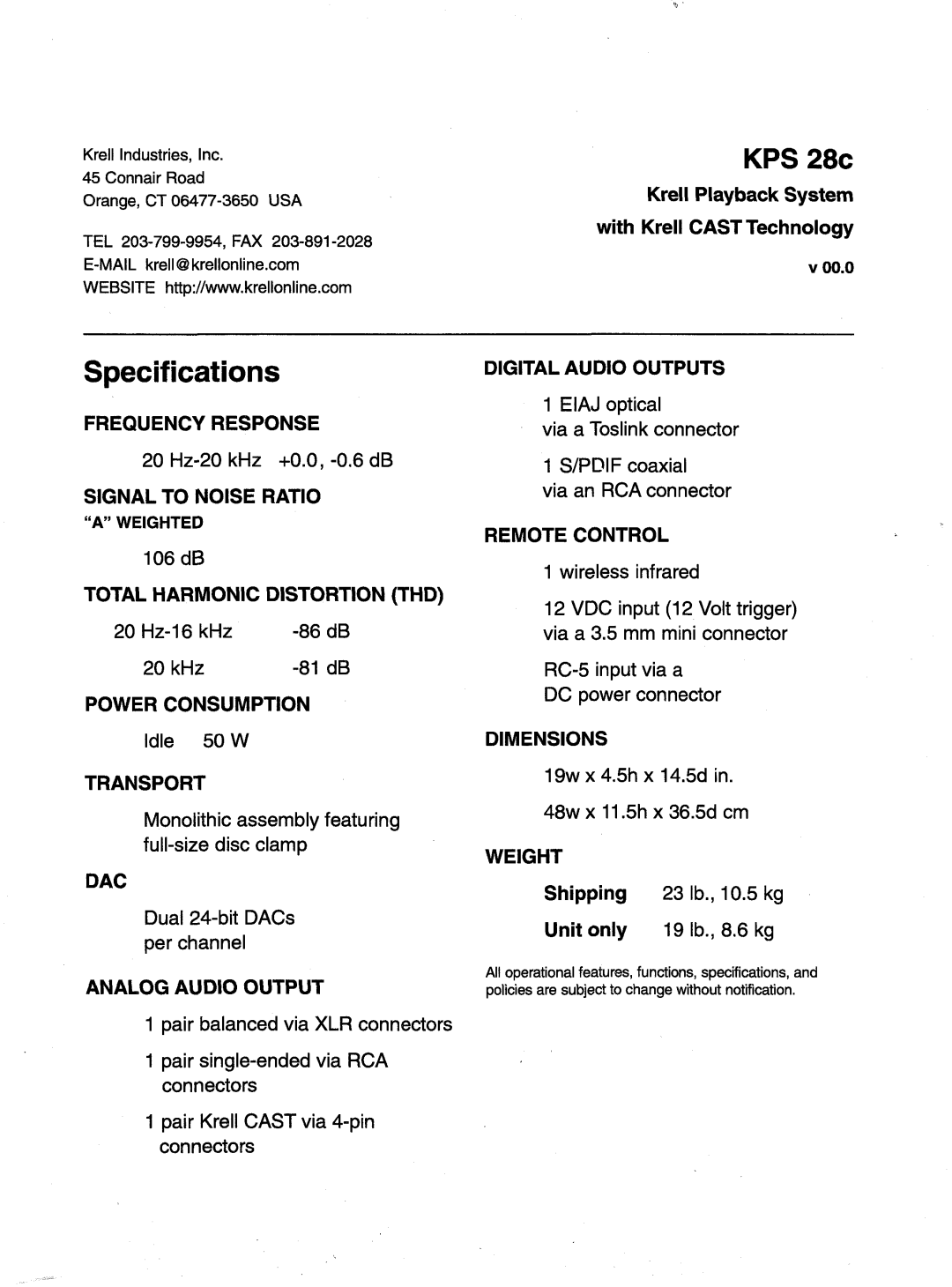 Krell Industries KPS 28c manual Specifications 