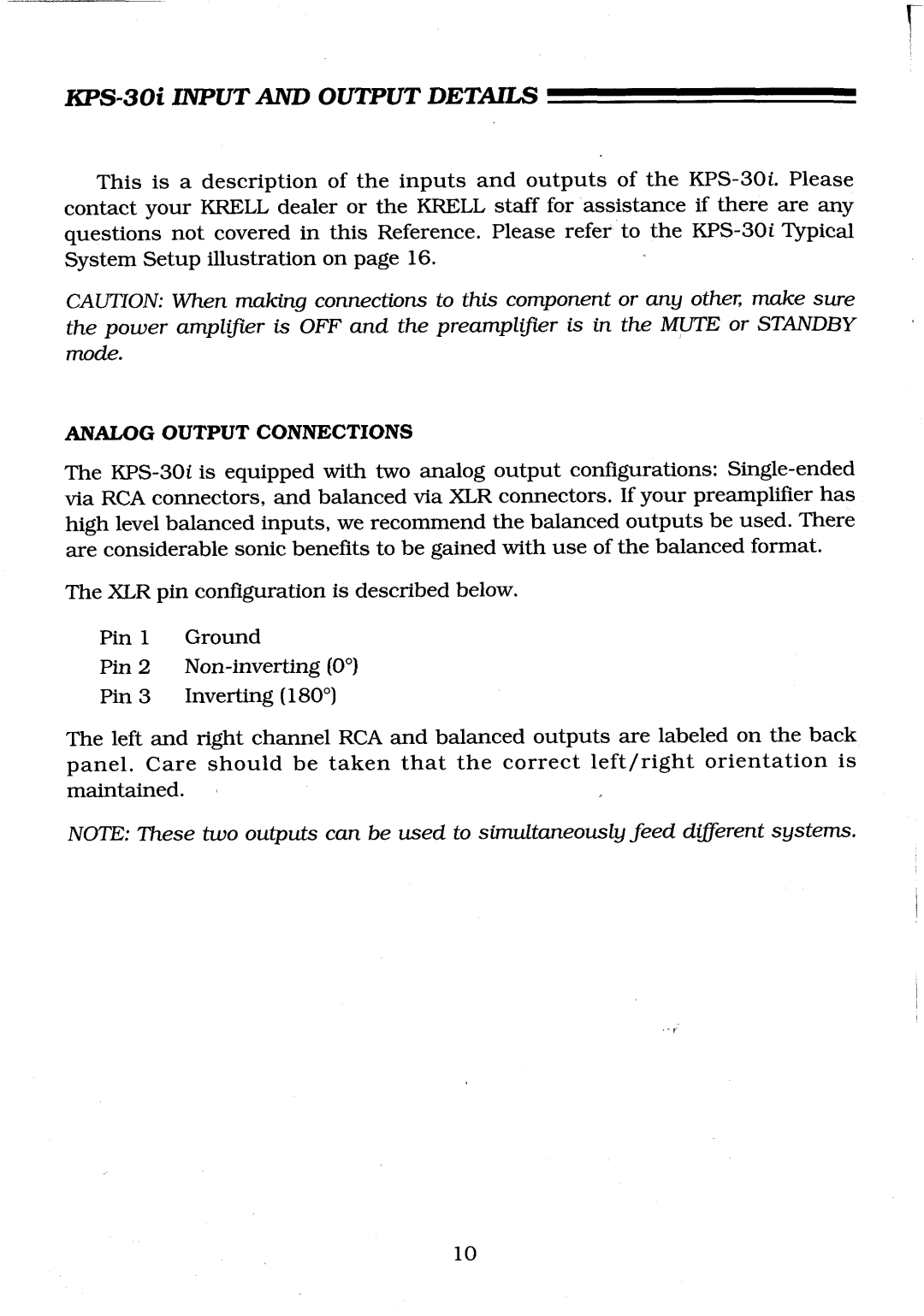 Krell Industries manual KPS-30i Input and Output Details, Analog Output Connections 