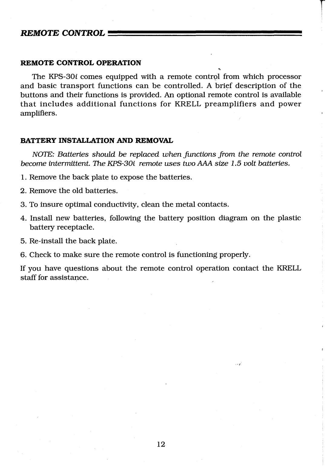 Krell Industries KPS-30i manual Remote Control Operation, Battery Installation Removal 