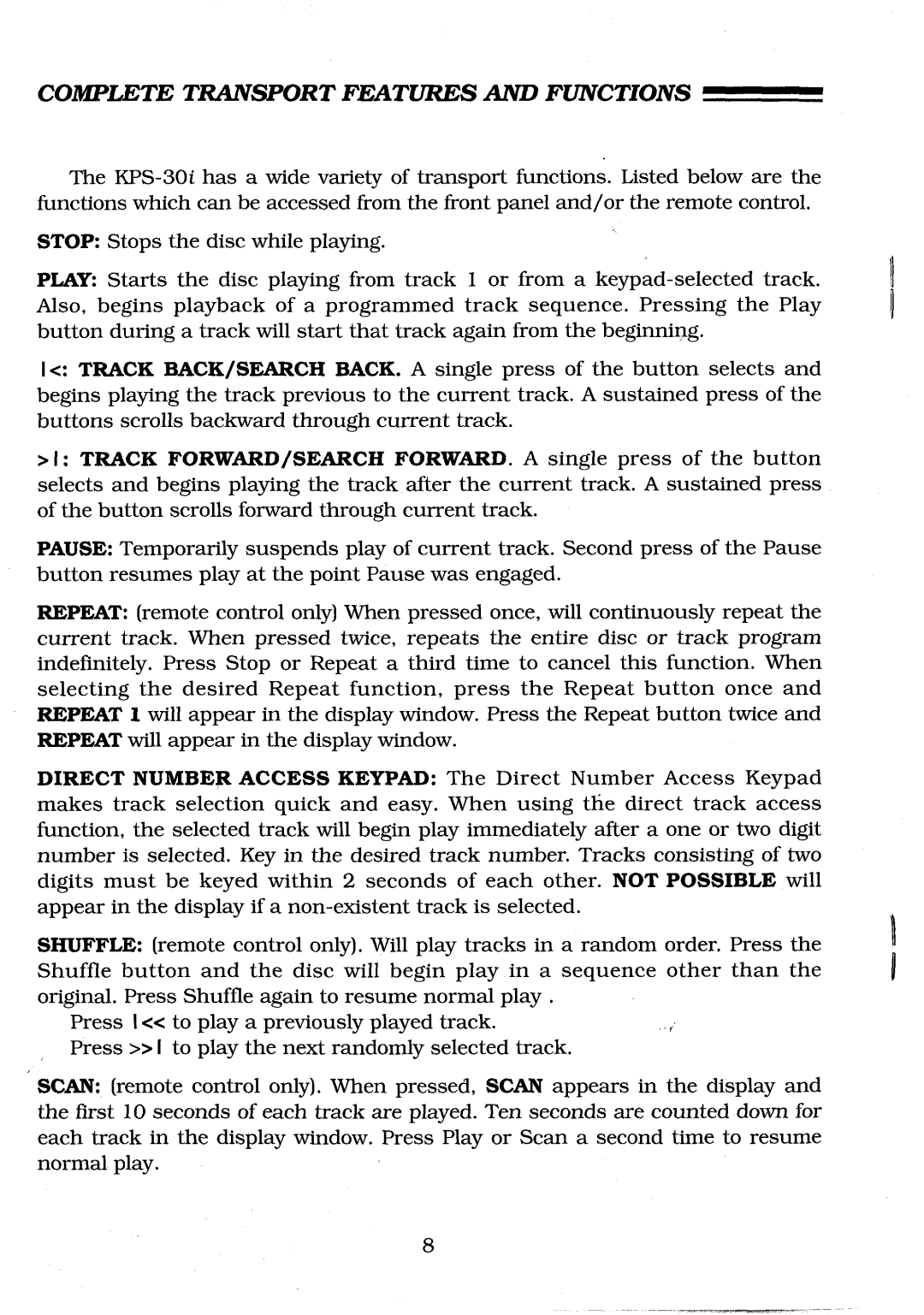 Krell Industries KPS-30i manual Complete Transport Features and Functions 