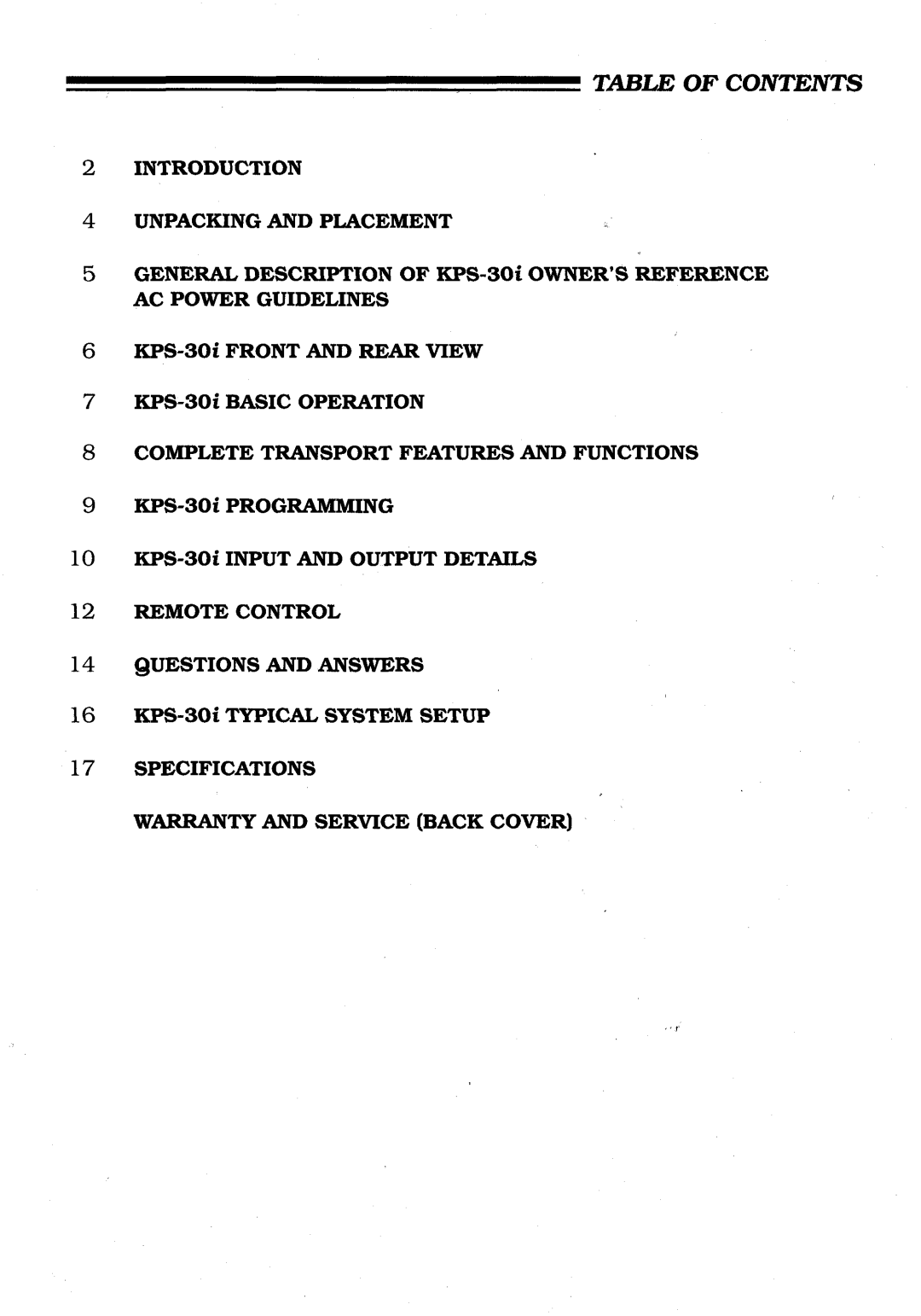 Krell Industries KPS-30i manual Table Of Contents 