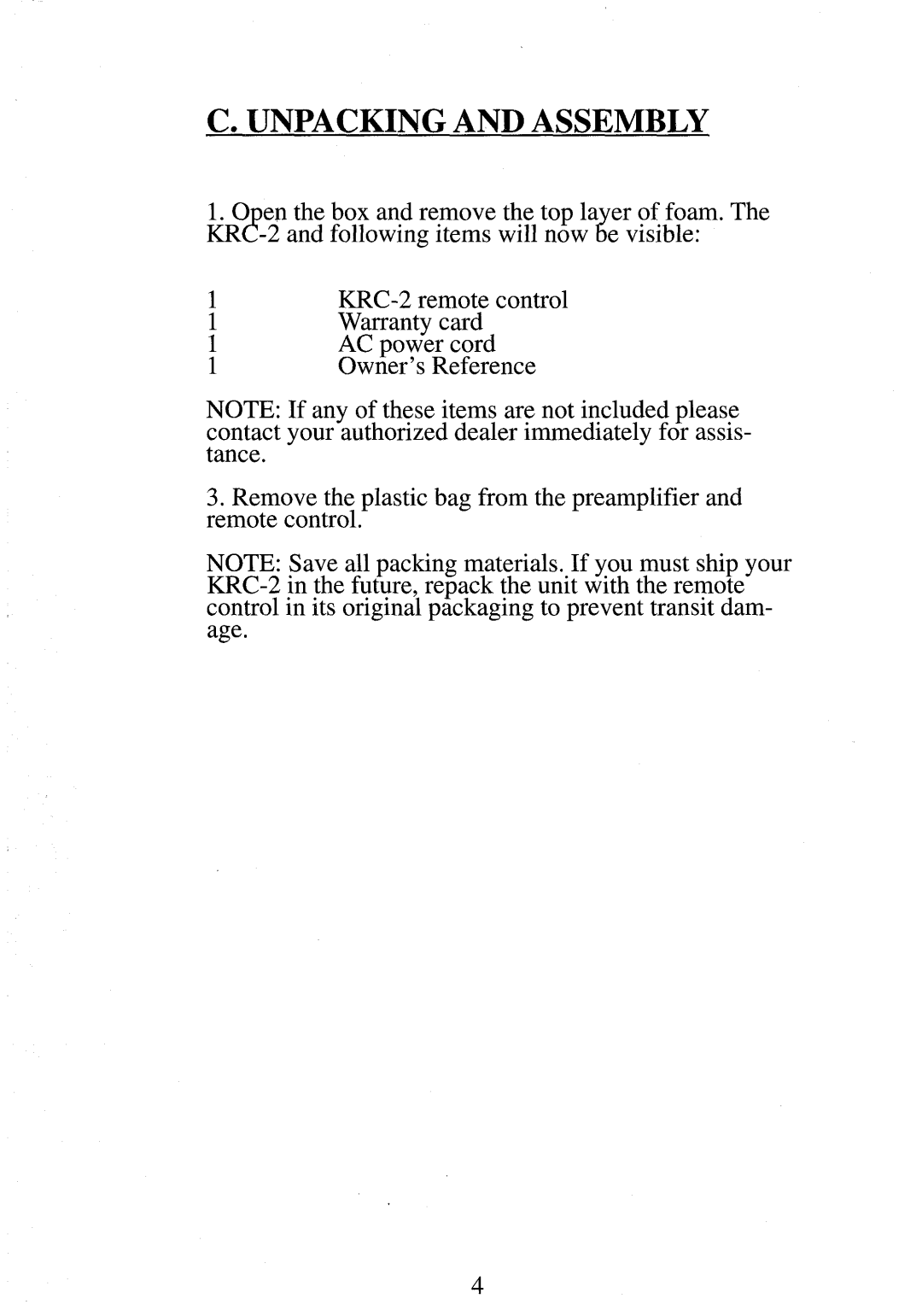 Krell Industries KRC 2 manual Unpacking and Assembly 