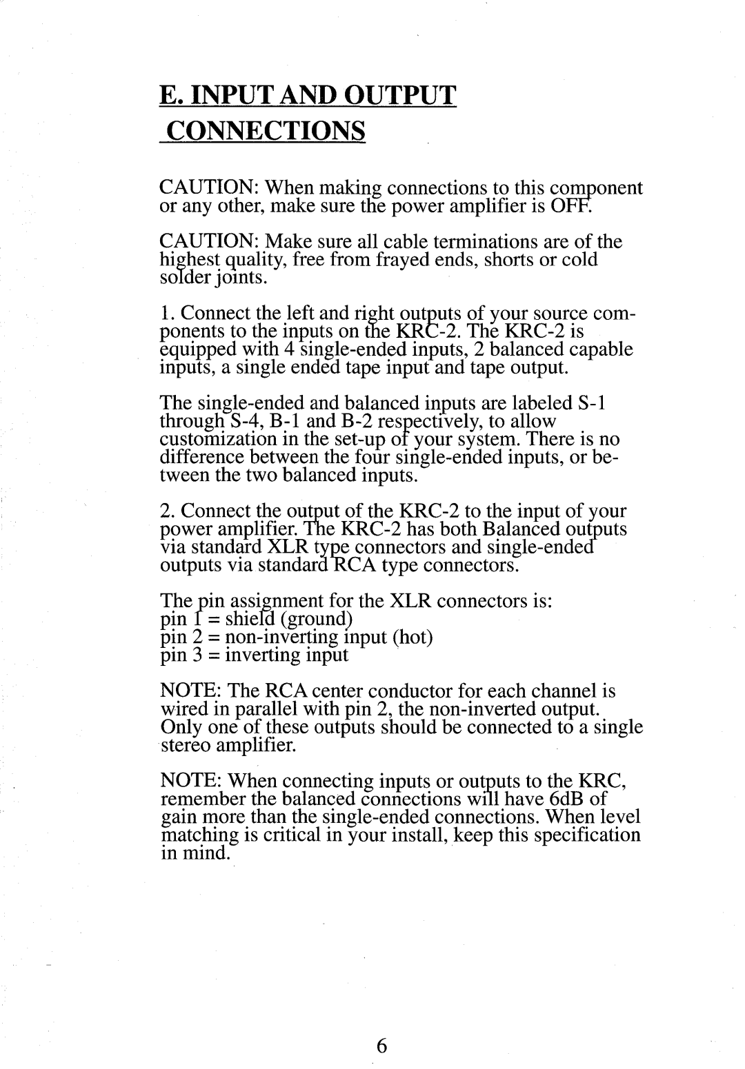 Krell Industries KRC 2 manual Input and Output Connections 