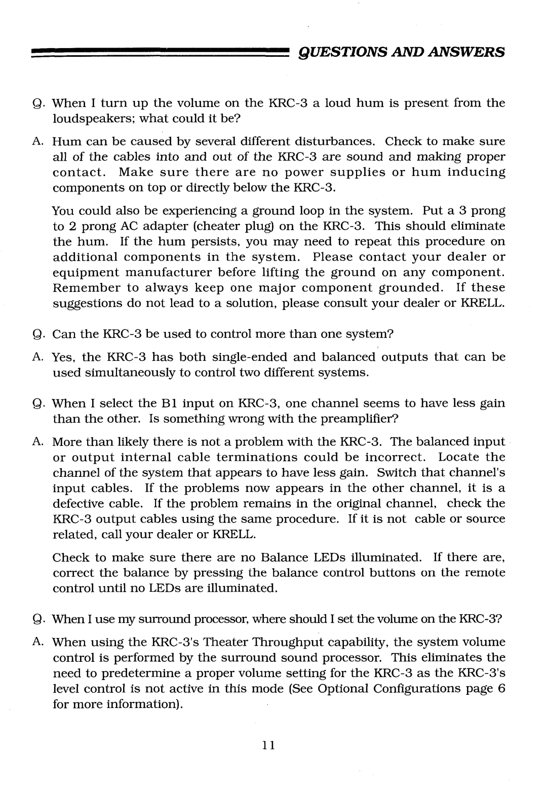 Krell Industries KRC-3 manual Questions and Answers 