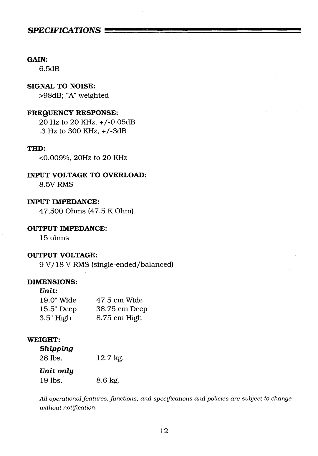 Krell Industries KRC-3 manual Specifications 