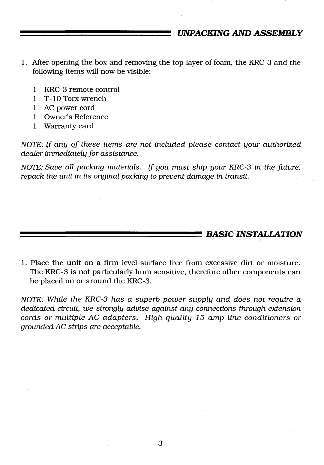 Krell Industries KRC-3 manual Unpacking and Assembly, Basic Installation 