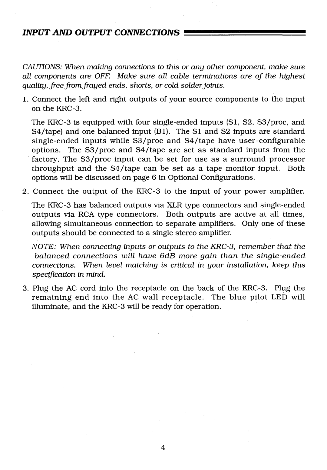 Krell Industries KRC-3 manual Input and Output Connections 