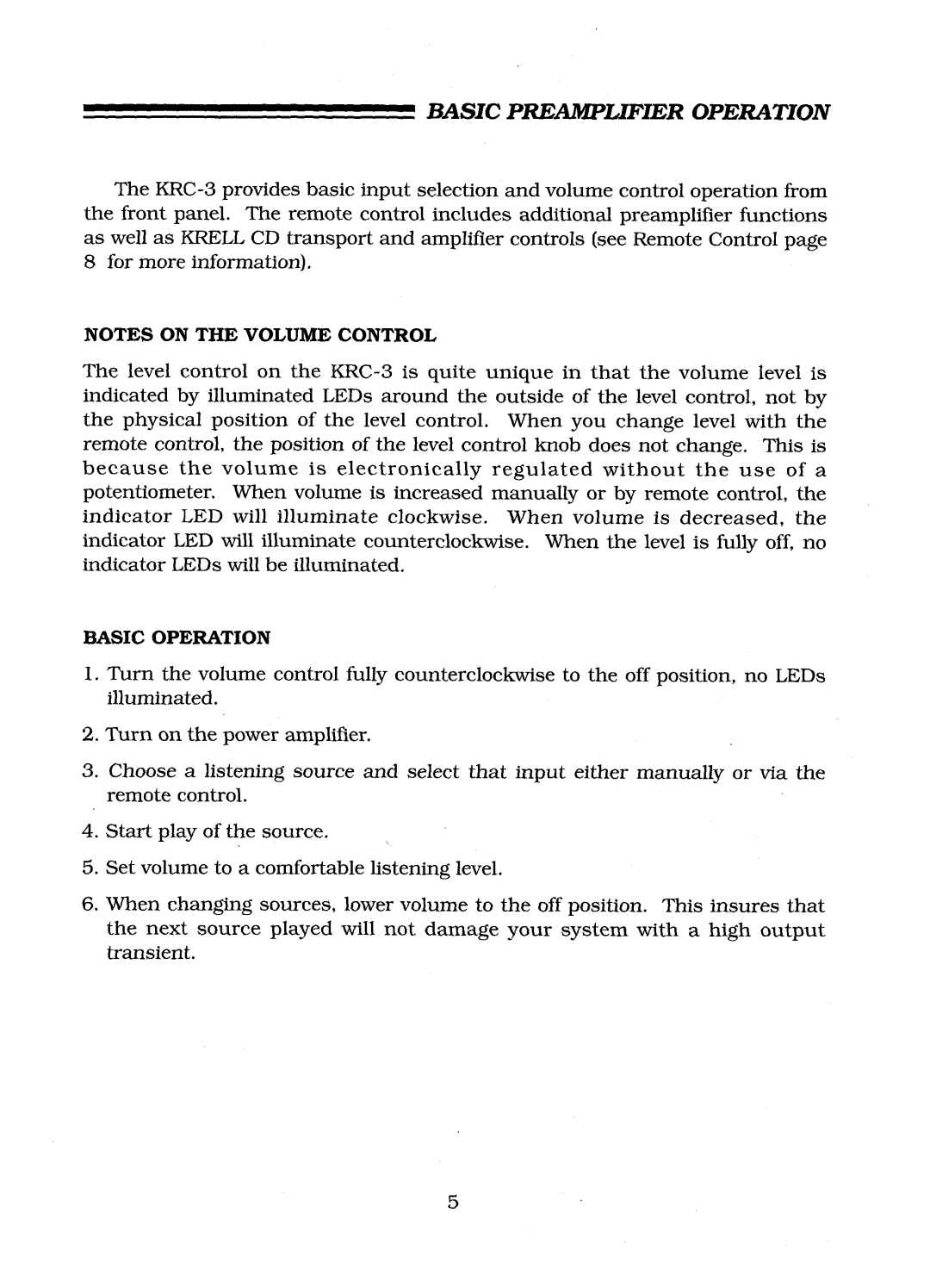 Krell Industries KRC-3 manual Basic Preamplifier Operation, Basic Operation 