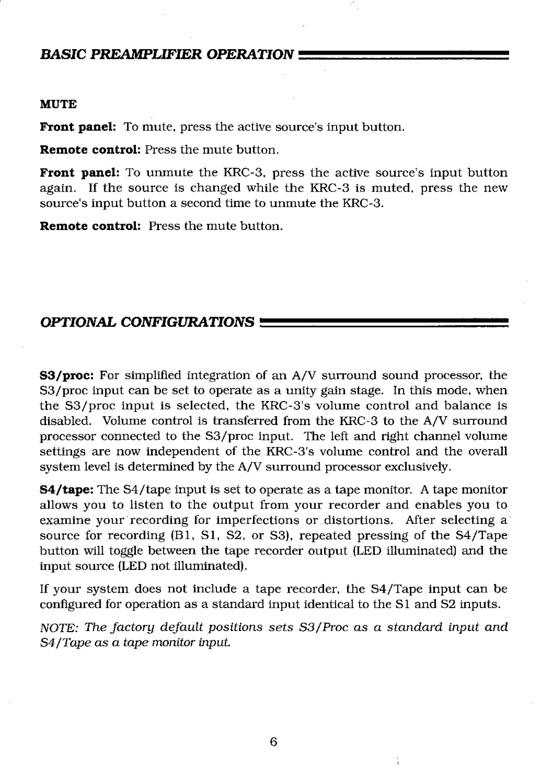 Krell Industries KRC-3 manual Mute, Optional Configurations 