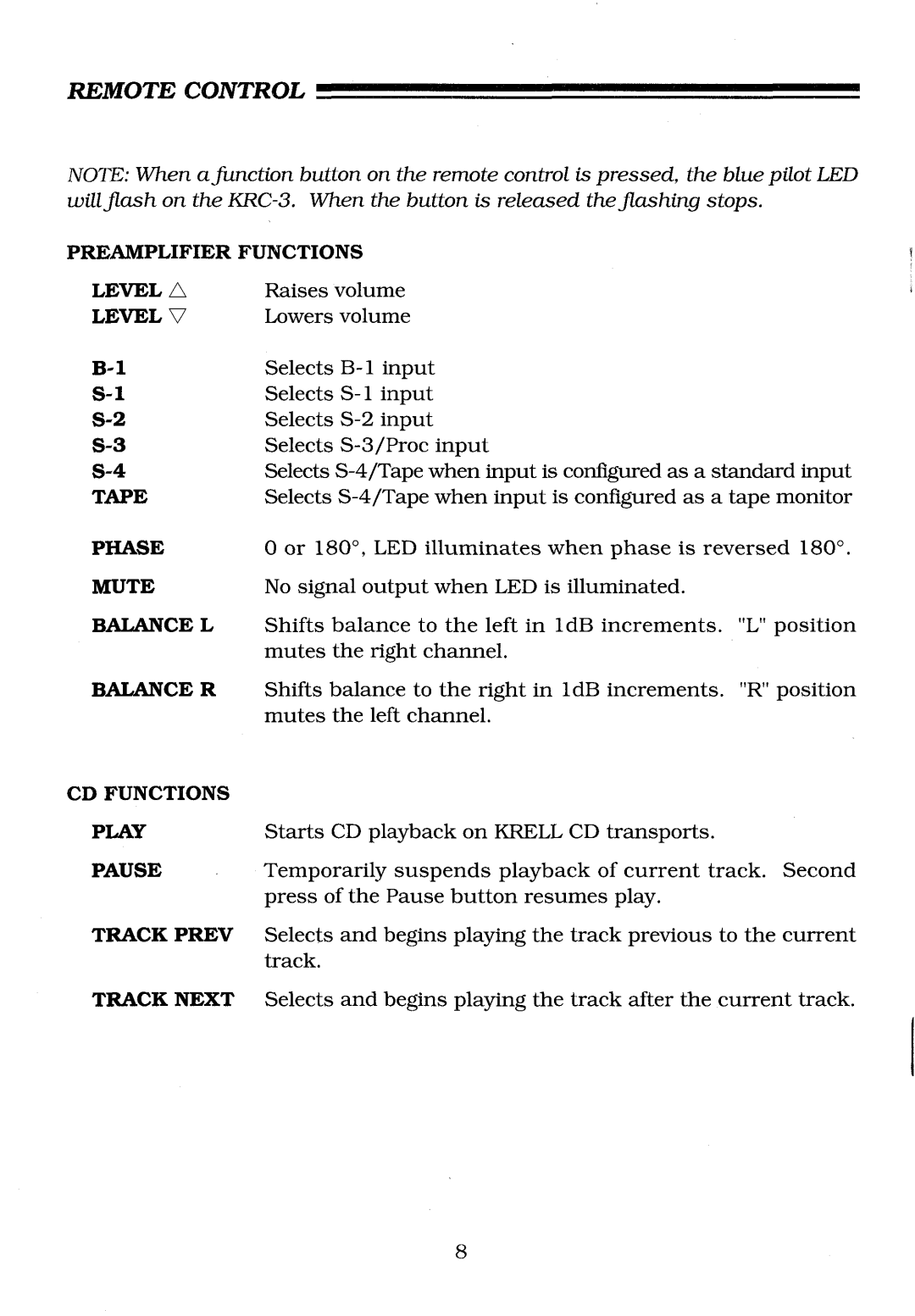 Krell Industries KRC-3 manual Remote Control 