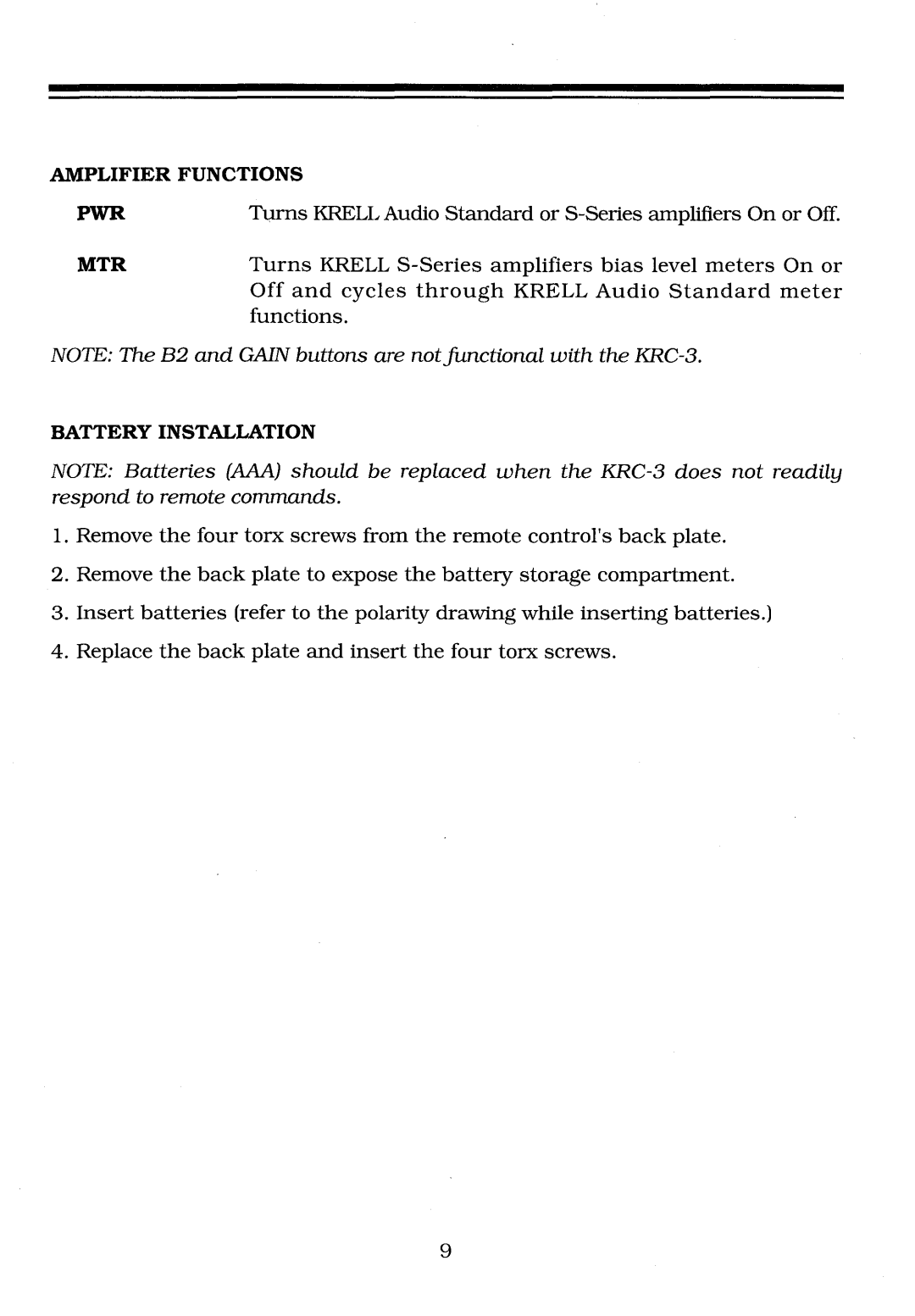Krell Industries KRC-3 manual Amplifier Functions, Battery Installation 