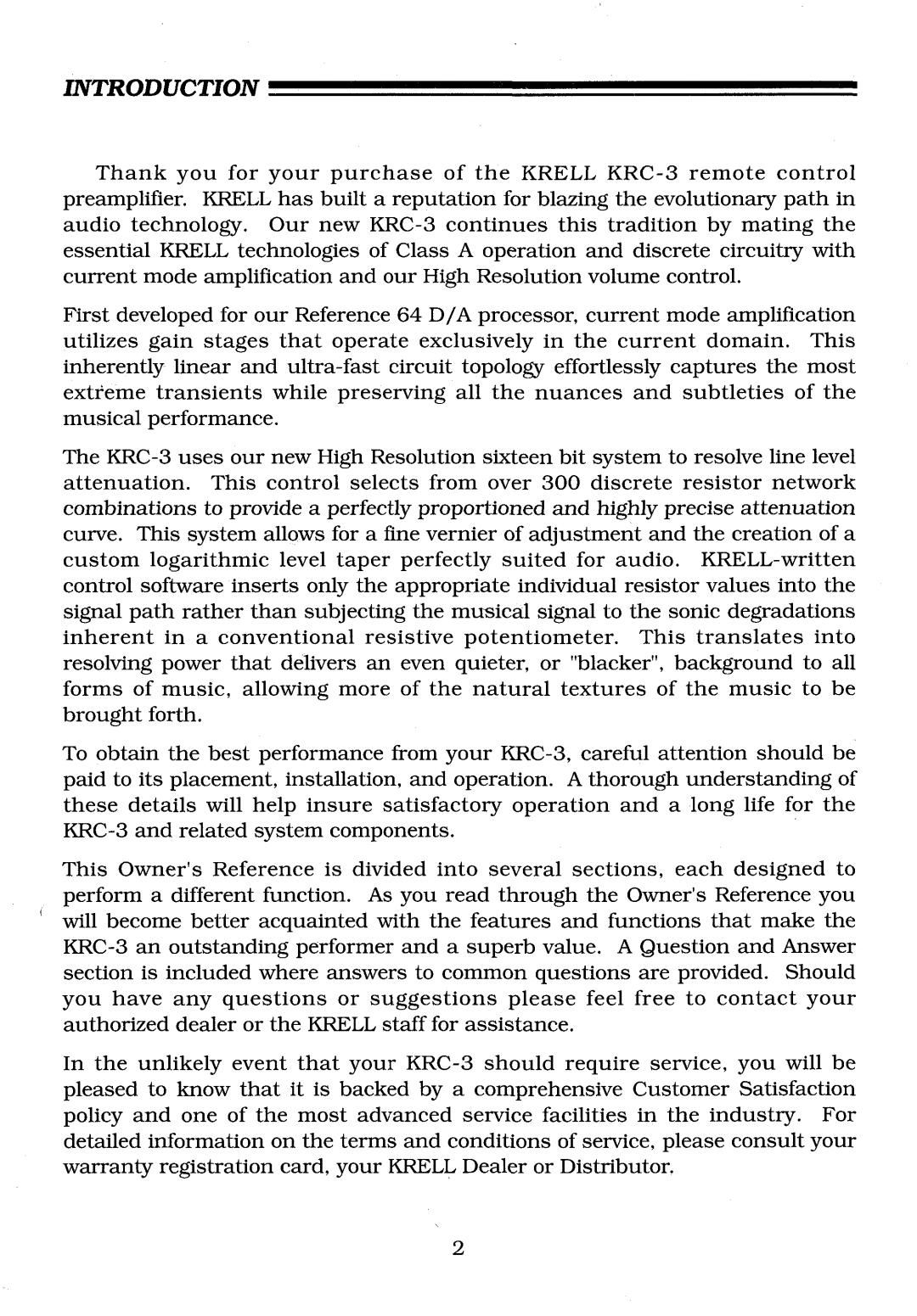 Krell Industries KRC-3 manual Introduction 