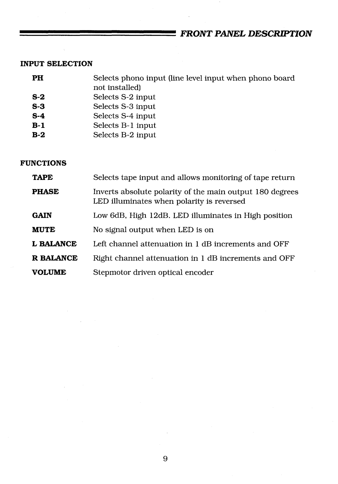 Krell Industries KRC-HR manual Input Selection Functions Tape Phase Gain Mute Balance 