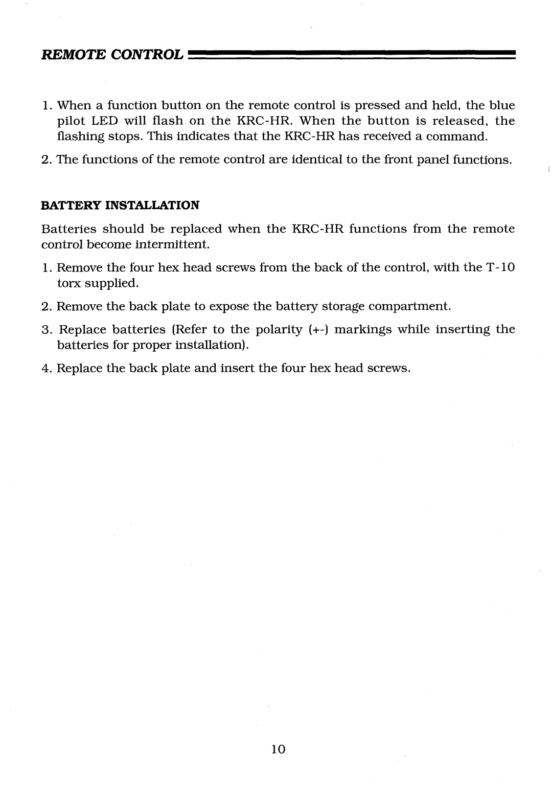 Krell Industries KRC-HR manual Remote Control, Battery Installation 