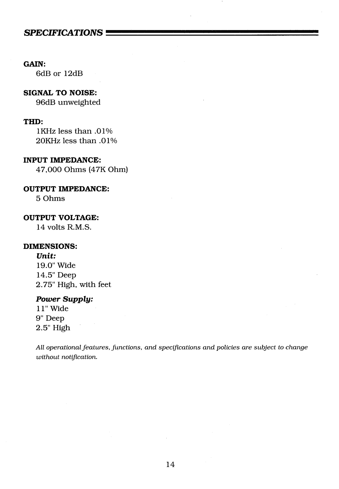 Krell Industries KRC-HR manual Specifications 