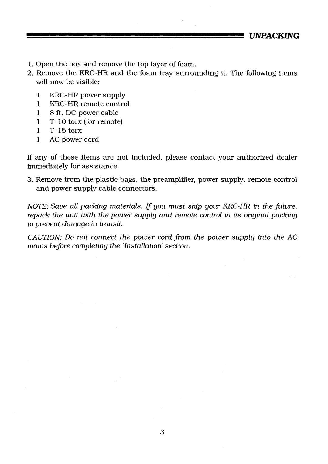 Krell Industries KRC-HR manual Unpacking 